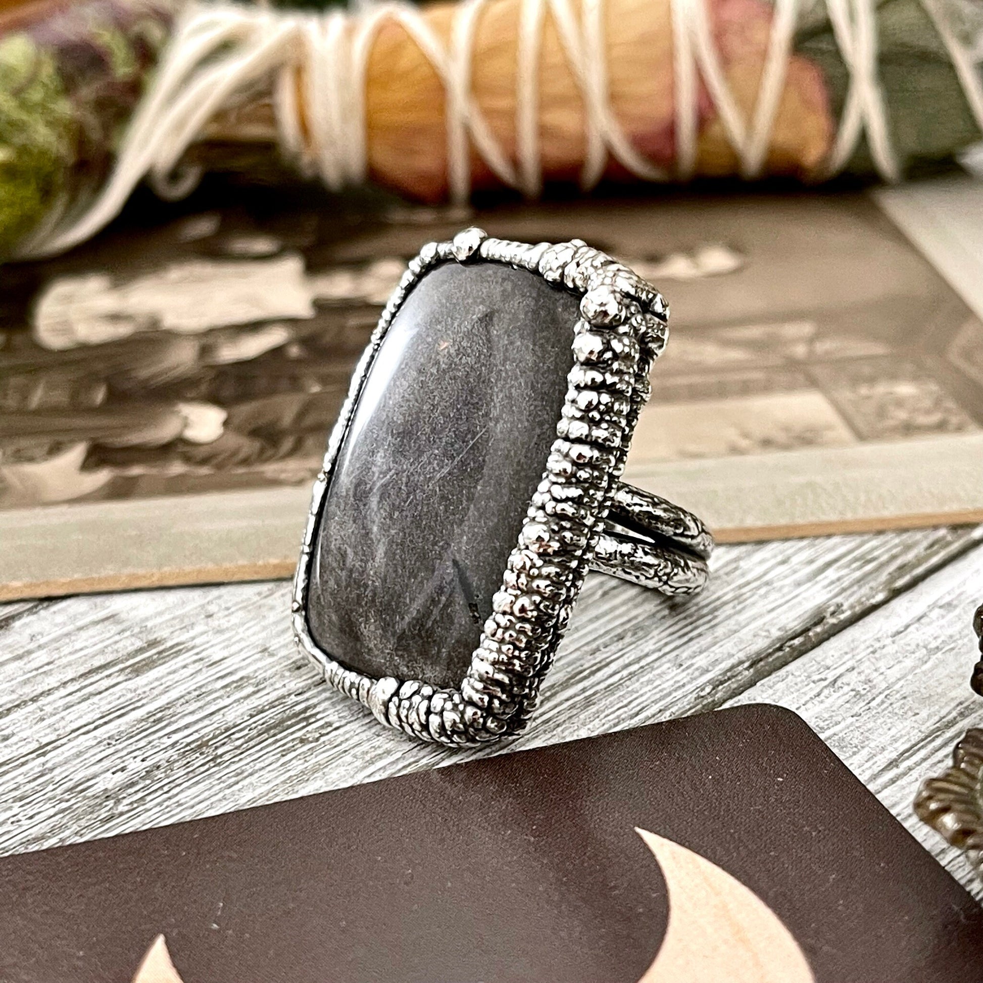 Size 8 Silver Sheen Obsidian Statement Ring in fine Silver / Foxlark Collection - One of a Kind - Foxlark Crystal Jewelry