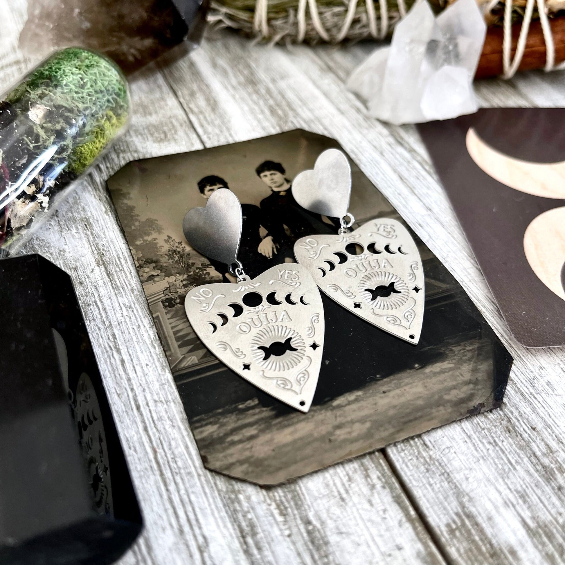 Heart Post Ouija Board Planchette Earrings/ Sterling Silver & Stainless Steel - Foxlark Crystal Jewelry