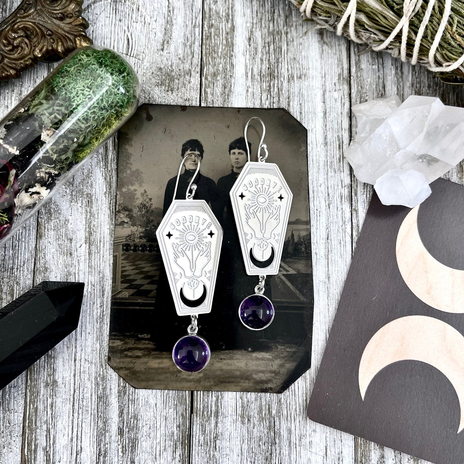 Coffin Planchette Amethyst Earrings Sterling Silver & Stainless Steel Earrings / - Foxlark Crystal Jewelry