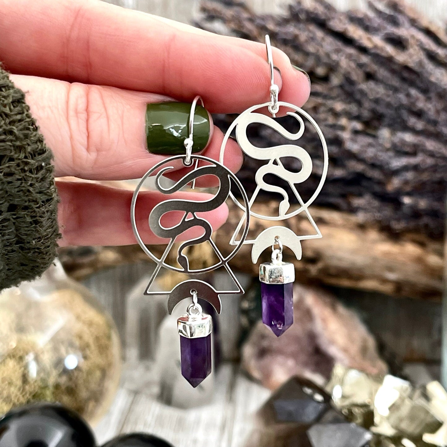 Snake and Amethyst Moon Earrings Sterling Silver & Stainless Steel Purple Stone Earrings / - Foxlark Crystal Jewelry