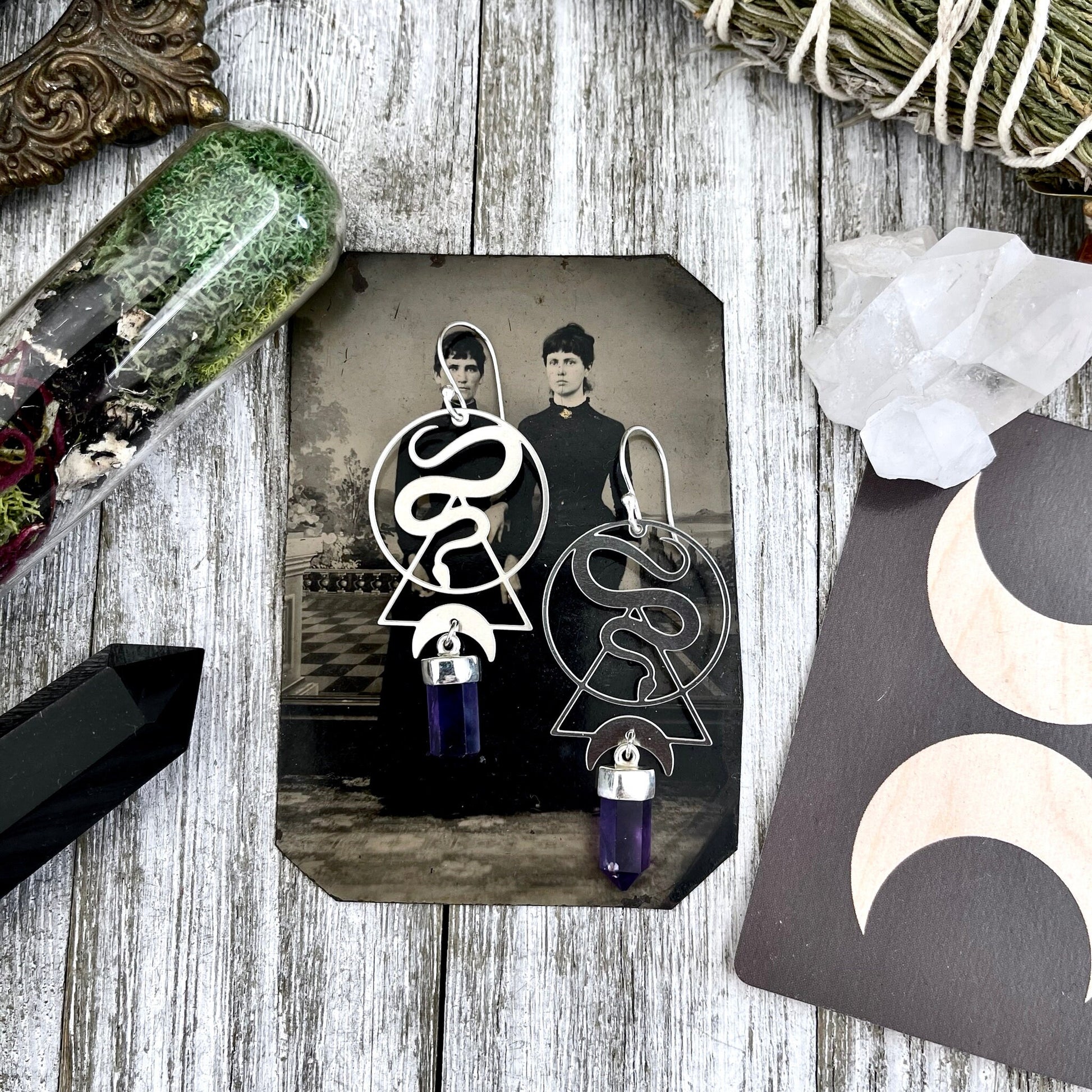 Snake and Amethyst Moon Earrings Sterling Silver & Stainless Steel Purple Stone Earrings / - Foxlark Crystal Jewelry