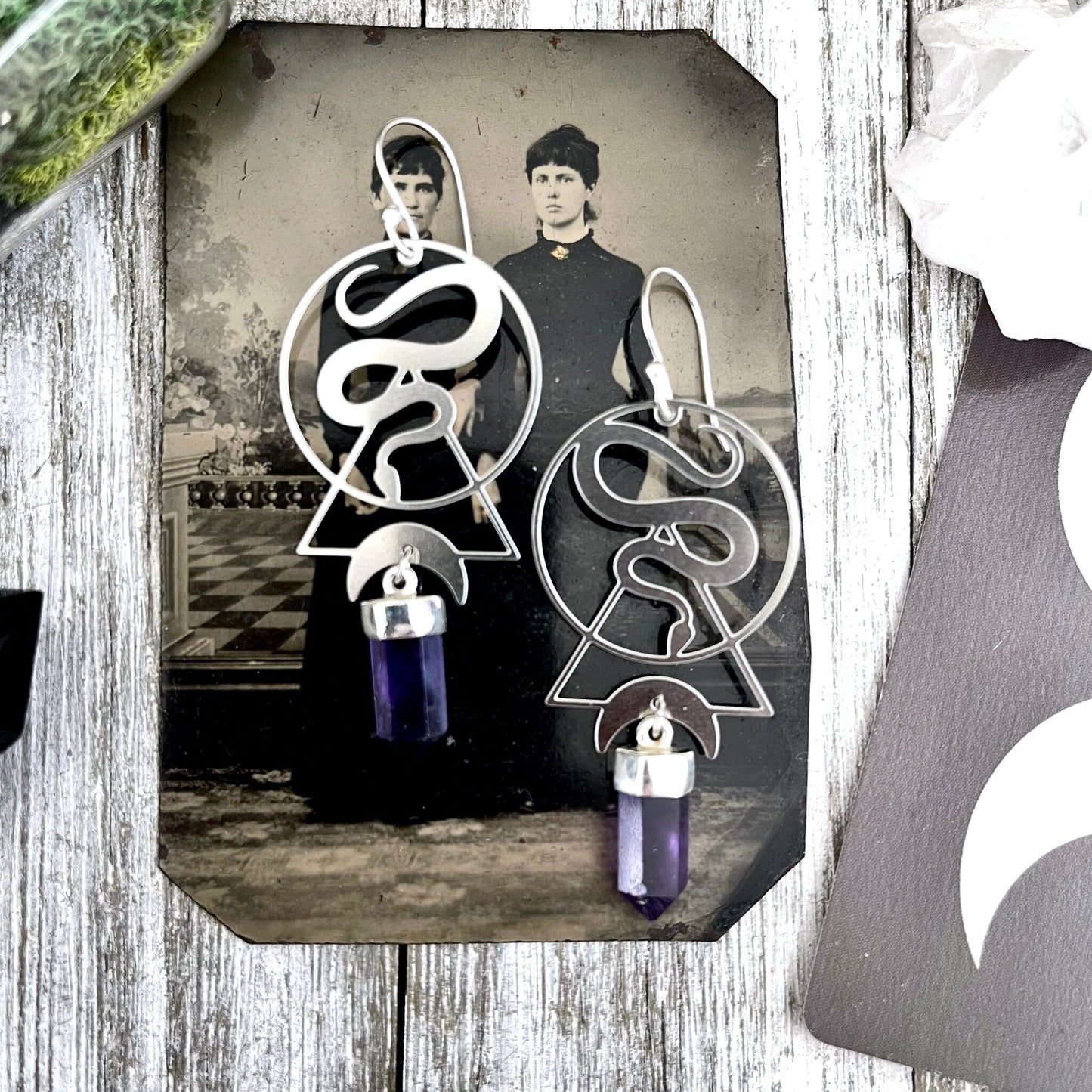 Snake and Amethyst Moon Earrings Sterling Silver & Stainless Steel Purple Stone Earrings / - Foxlark Crystal Jewelry