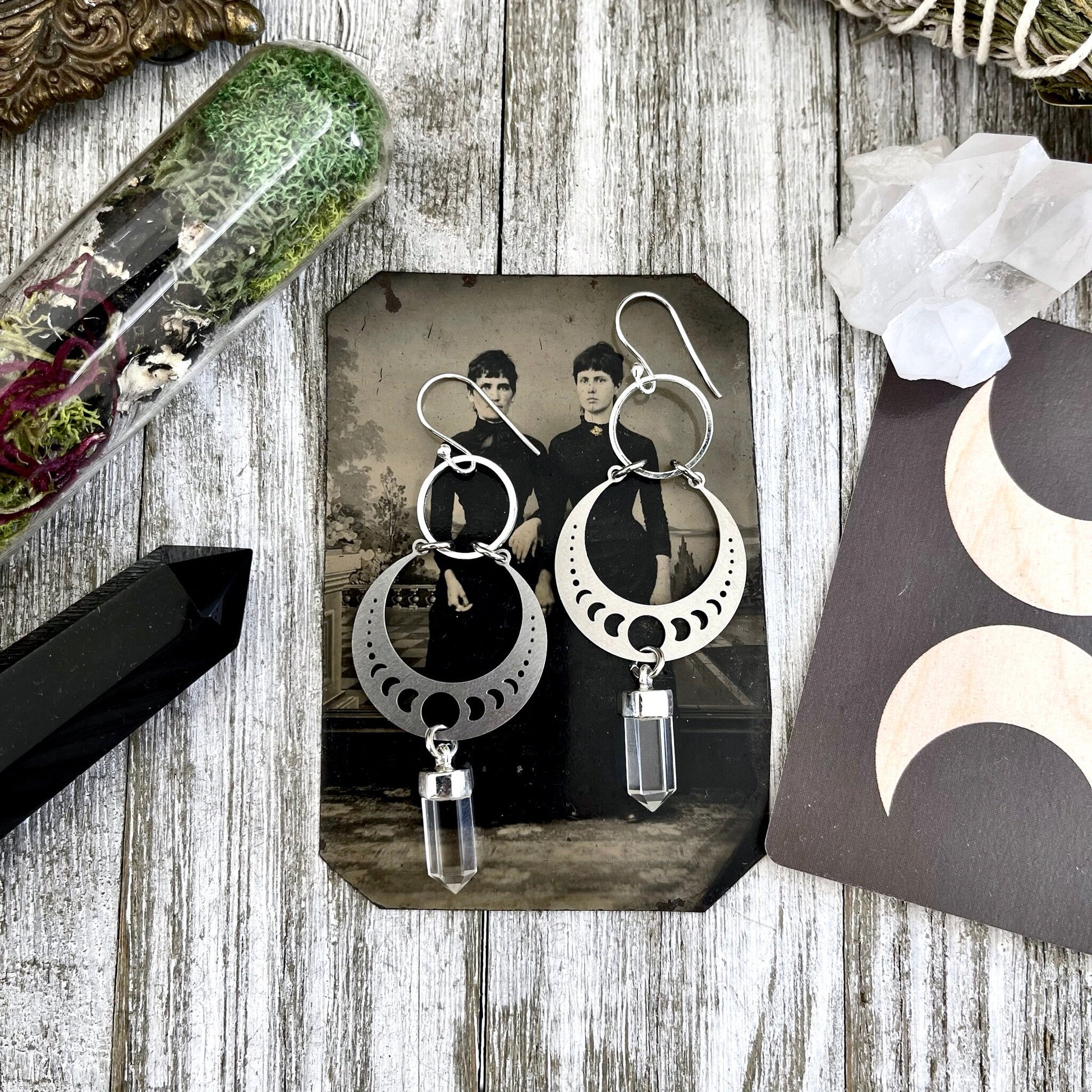 Clear Quartz Moon Phase Sterling Silver & Stainless Steel Earrings / - Foxlark Crystal Jewelry