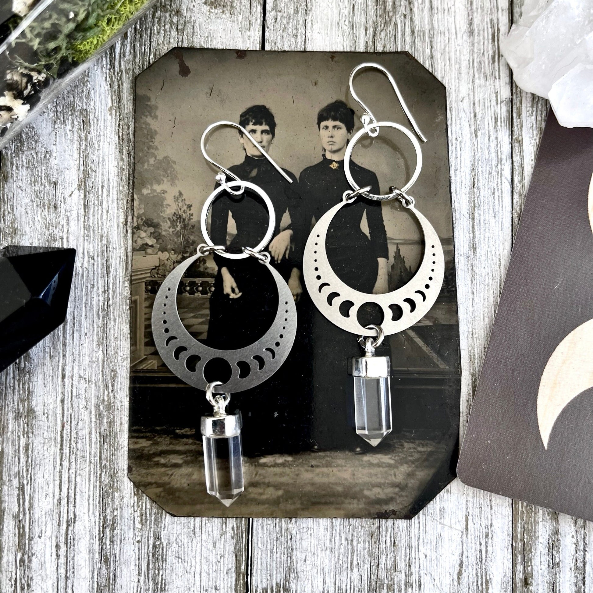 Clear Quartz Moon Phase Sterling Silver & Stainless Steel Earrings / - Foxlark Crystal Jewelry