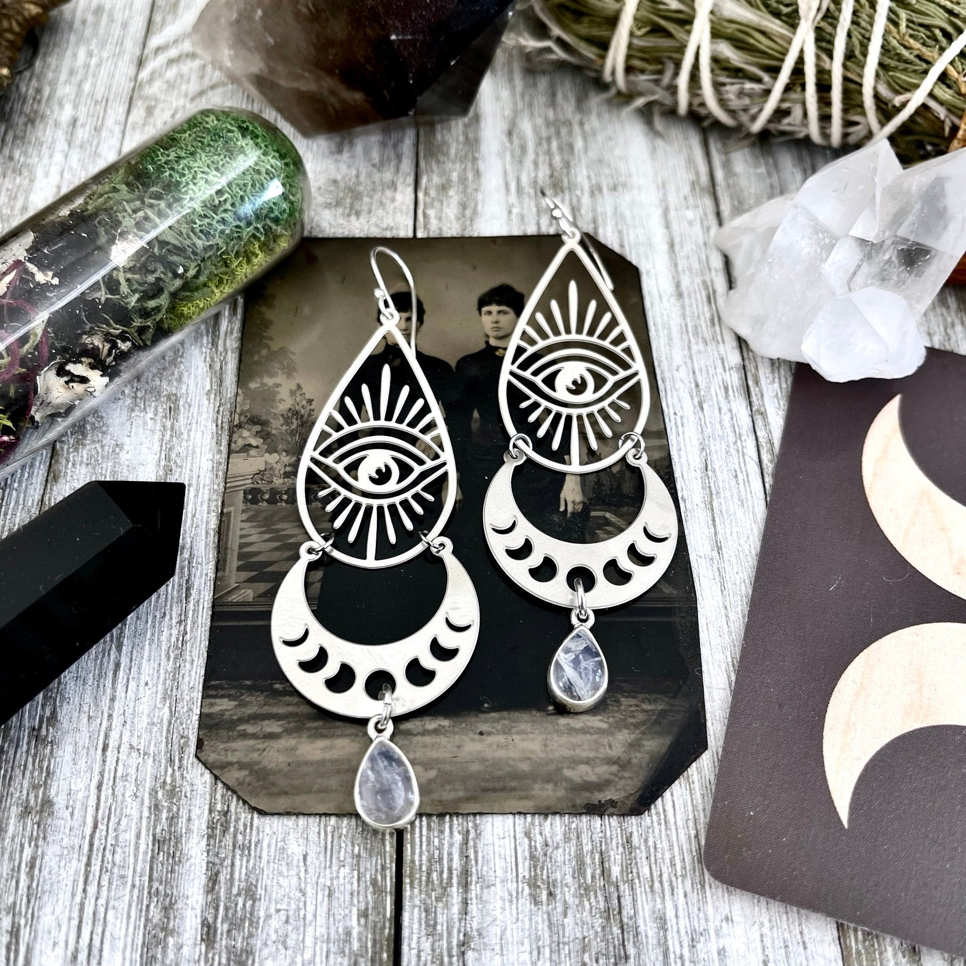 Moon Phases and Eye with Rainbow Moonstone Earrings Sterling Silver & Stainless Steel Earrings / Moon Earrings - Dangly Geometric Earrings - Foxlark Crystal Jewelry