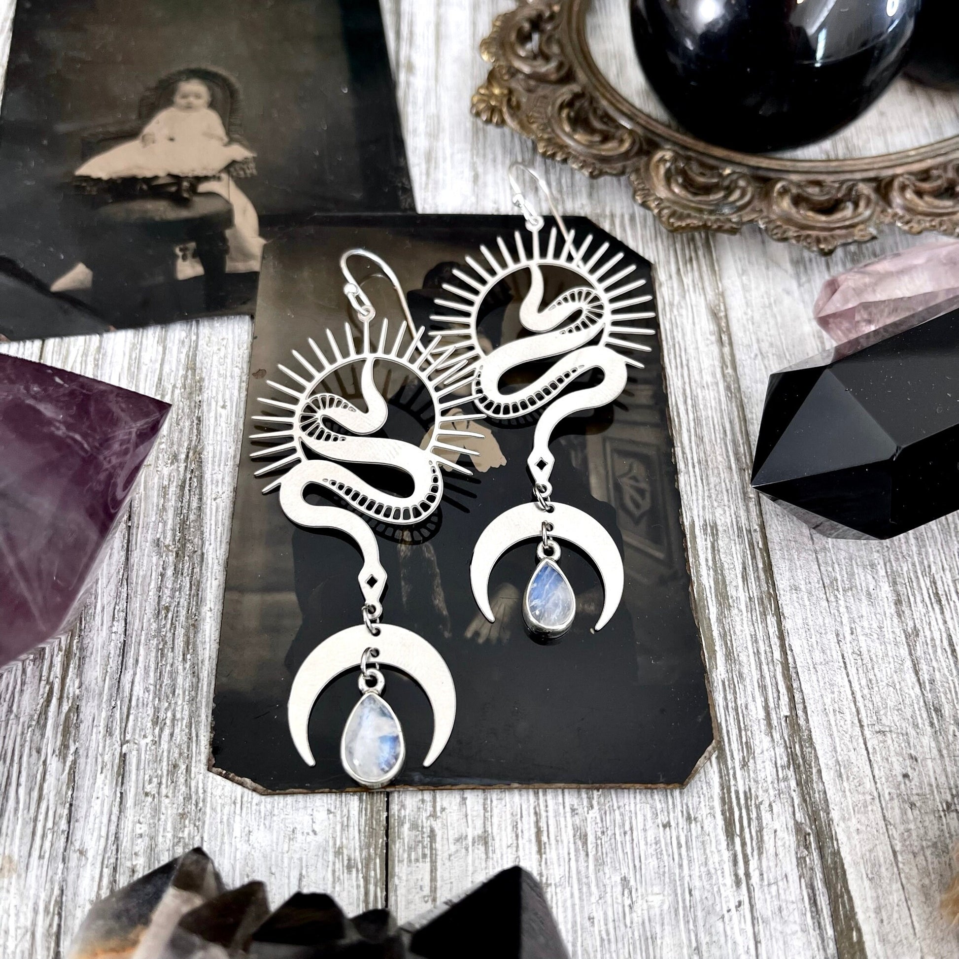 Long Snake and Sun Moon Rainbow Moonstone Gemstone Earrings Sterling Silver & Stainless Steel / - Foxlark Crystal Jewelry
