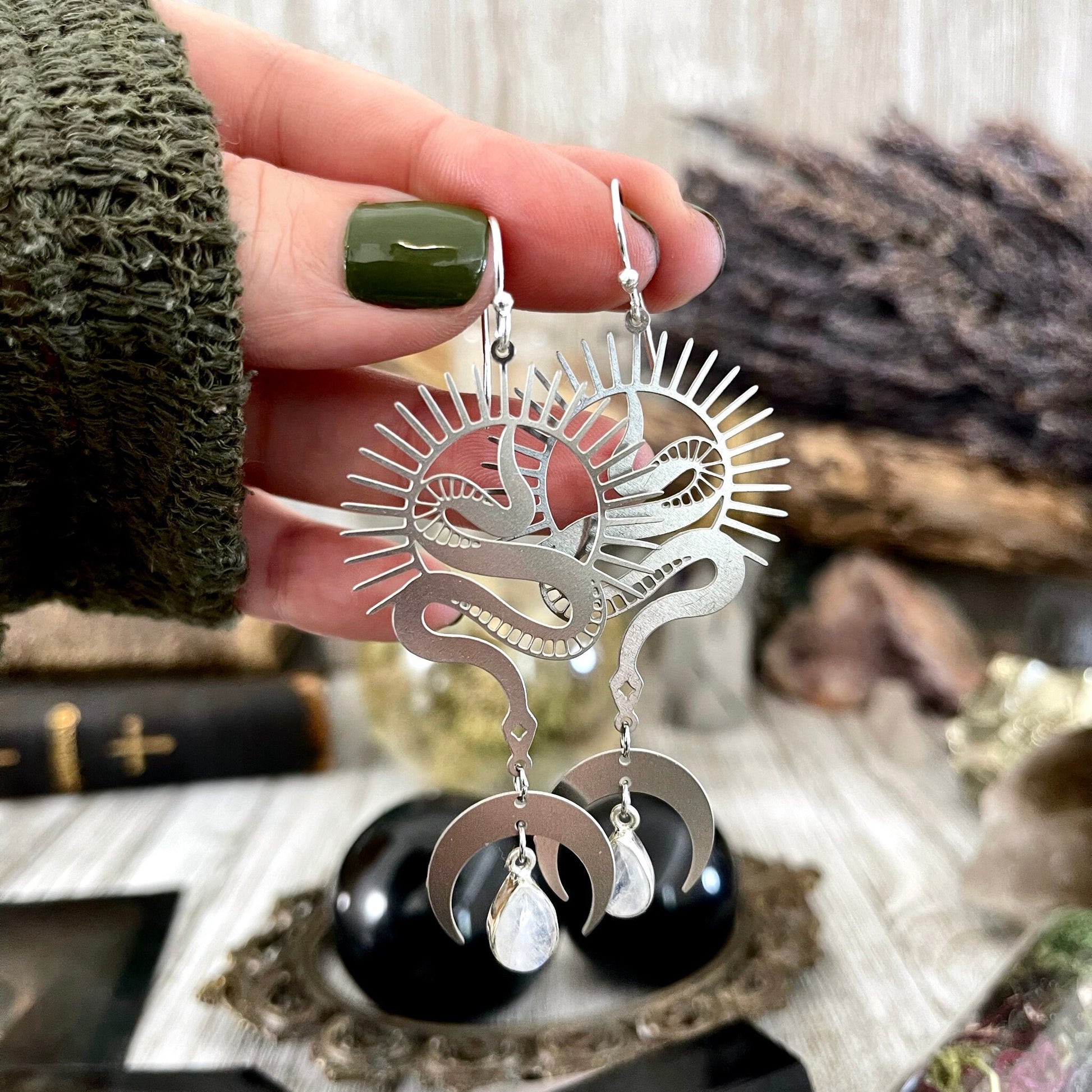 Long Snake and Sun Moon Rainbow Moonstone Gemstone Earrings Sterling Silver & Stainless Steel / - Foxlark Crystal Jewelry