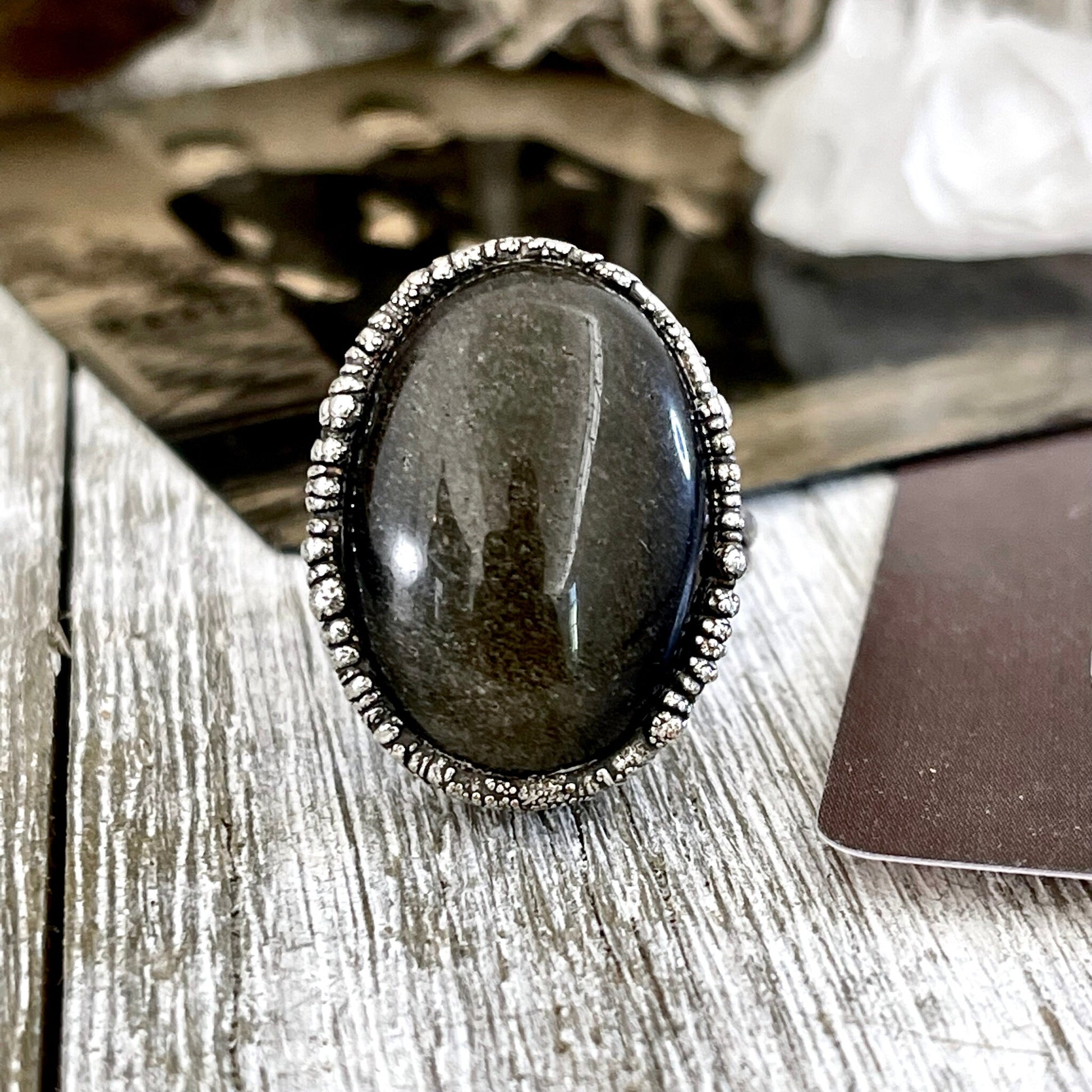 Size 6.5 Golden Sheen Obsidian Statement Ring in Fine Silver / Foxlark Collection - One of a Kind - Foxlark Crystal Jewelry