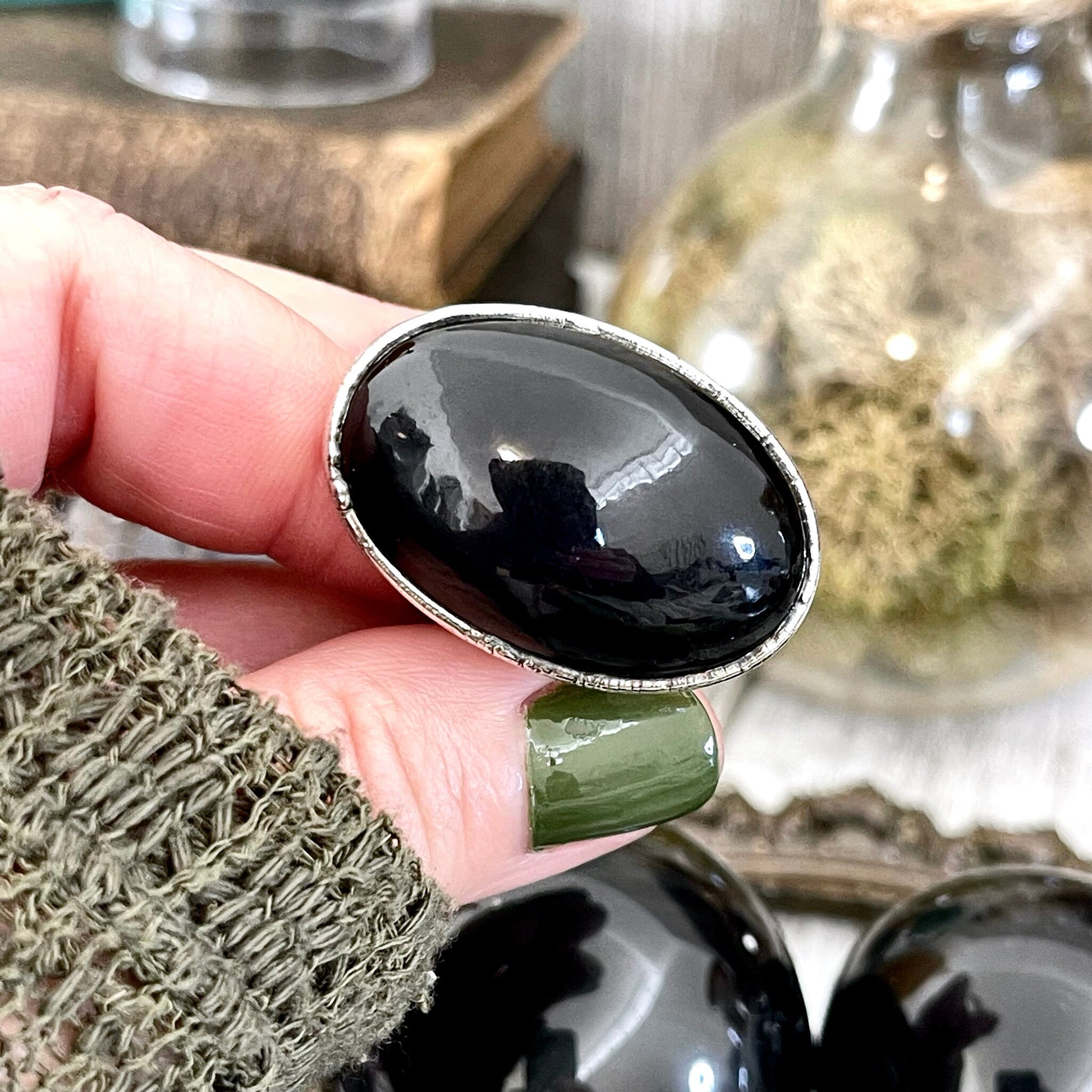 Size 8 Natural Black Rainbow Obsidian Ring in Fine Silver / Foxlark Collection - One of a Kind - Foxlark Crystal Jewelry