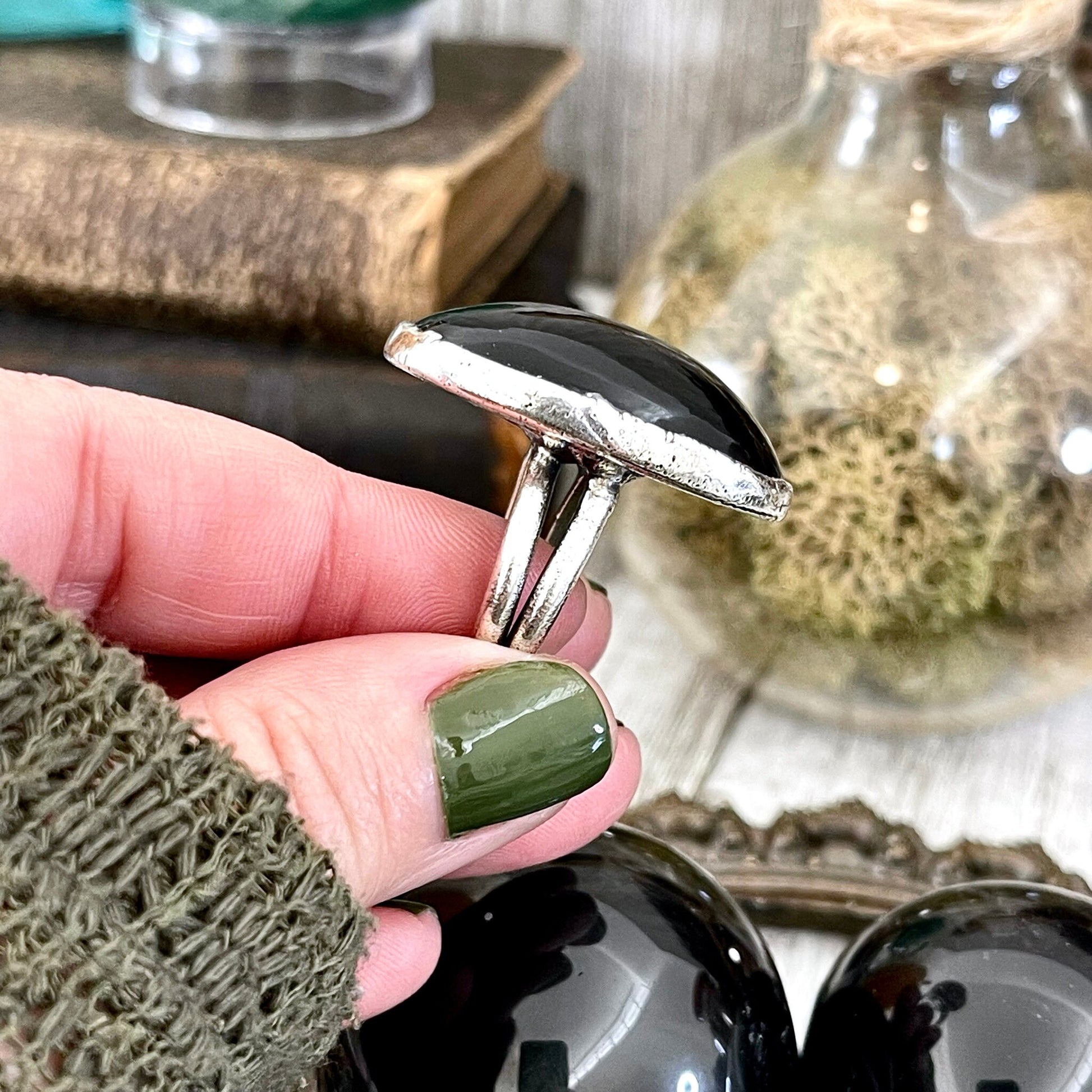 Size 8 Natural Black Rainbow Obsidian Ring in Fine Silver / Foxlark Collection - One of a Kind - Foxlark Crystal Jewelry