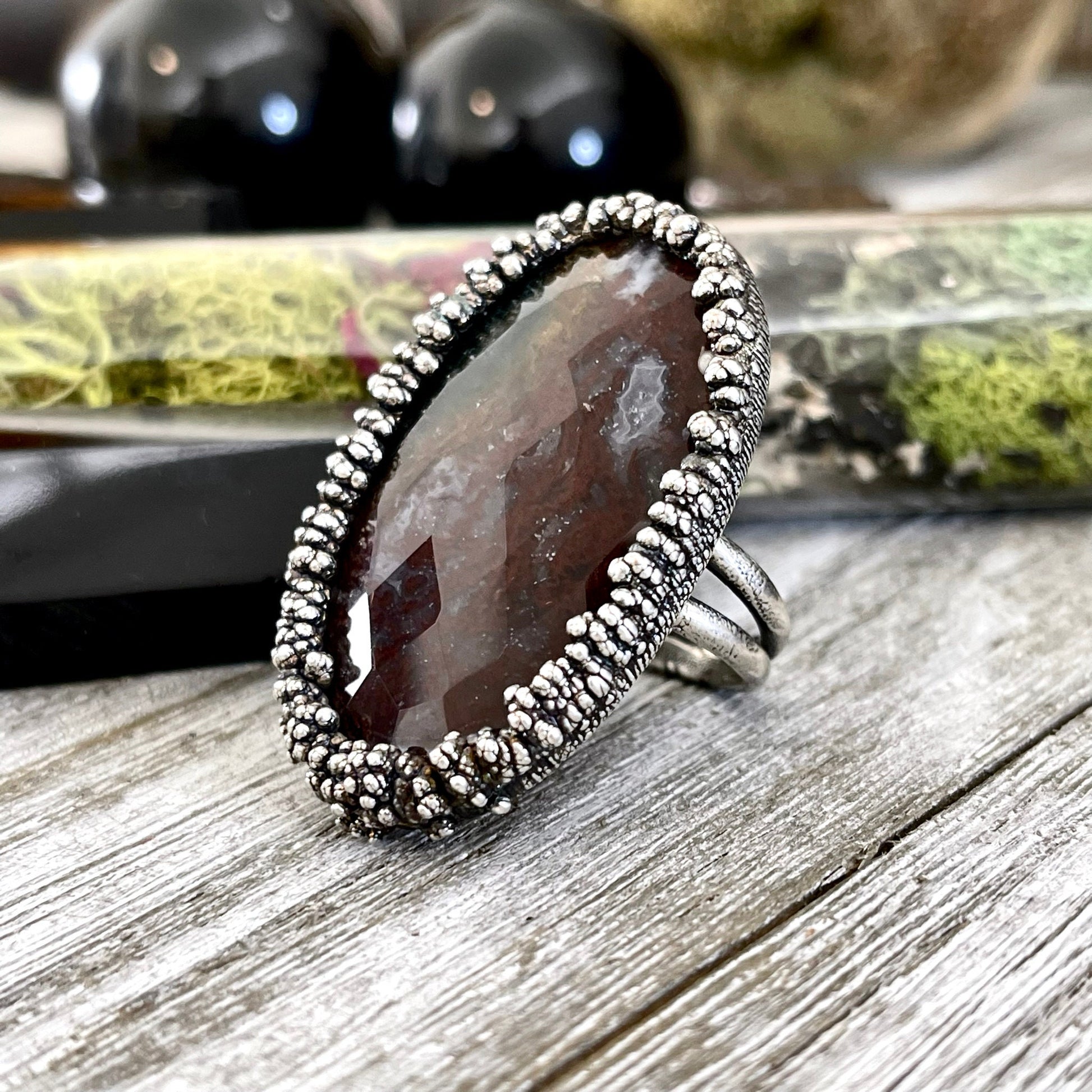 Big Size 8 Silver Natural Fancy Moss Agate Crystal Statement Ring / Foxlark Collection - One of a Kind - Foxlark Crystal Jewelry