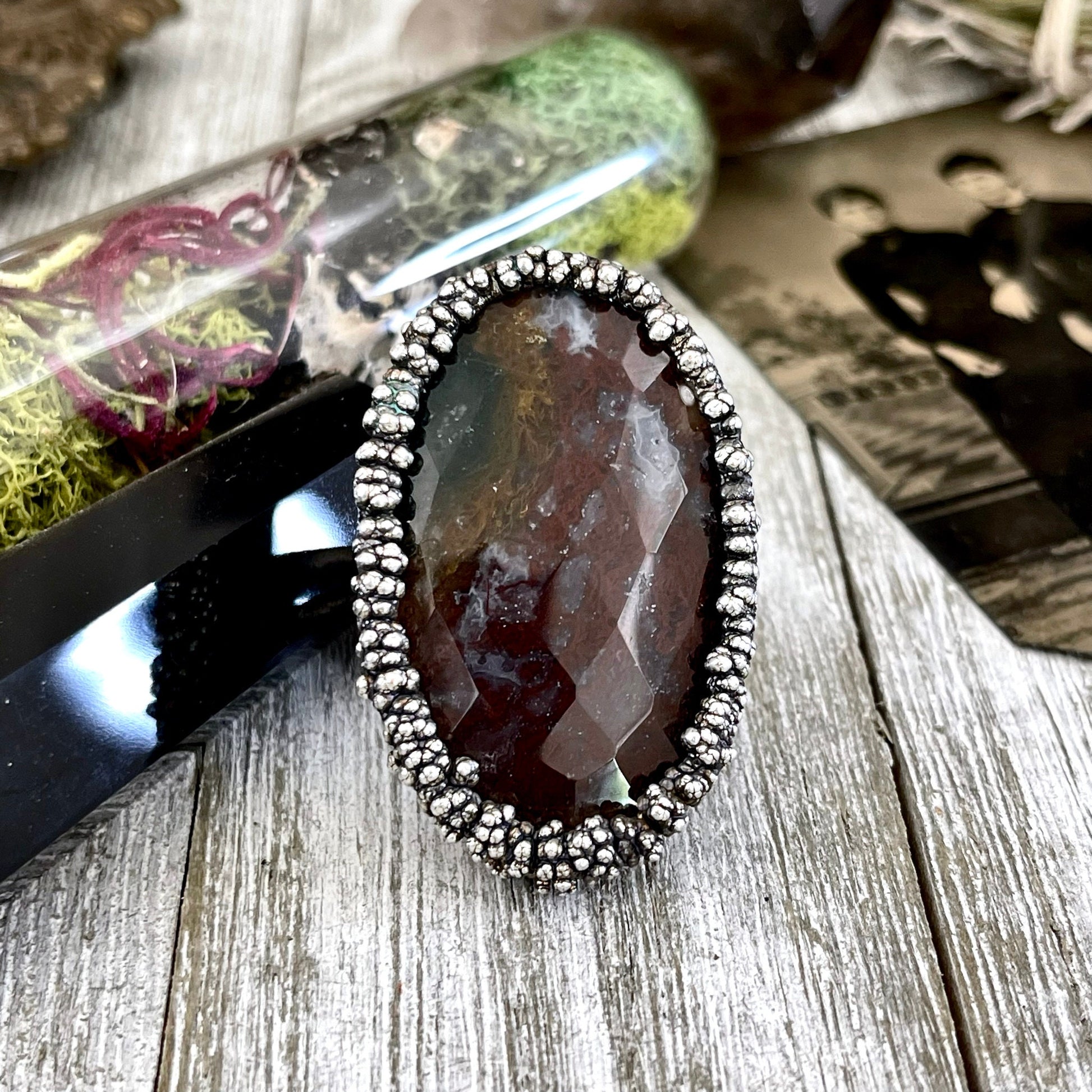 Big Size 8 Silver Natural Fancy Moss Agate Crystal Statement Ring / Foxlark Collection - One of a Kind - Foxlark Crystal Jewelry