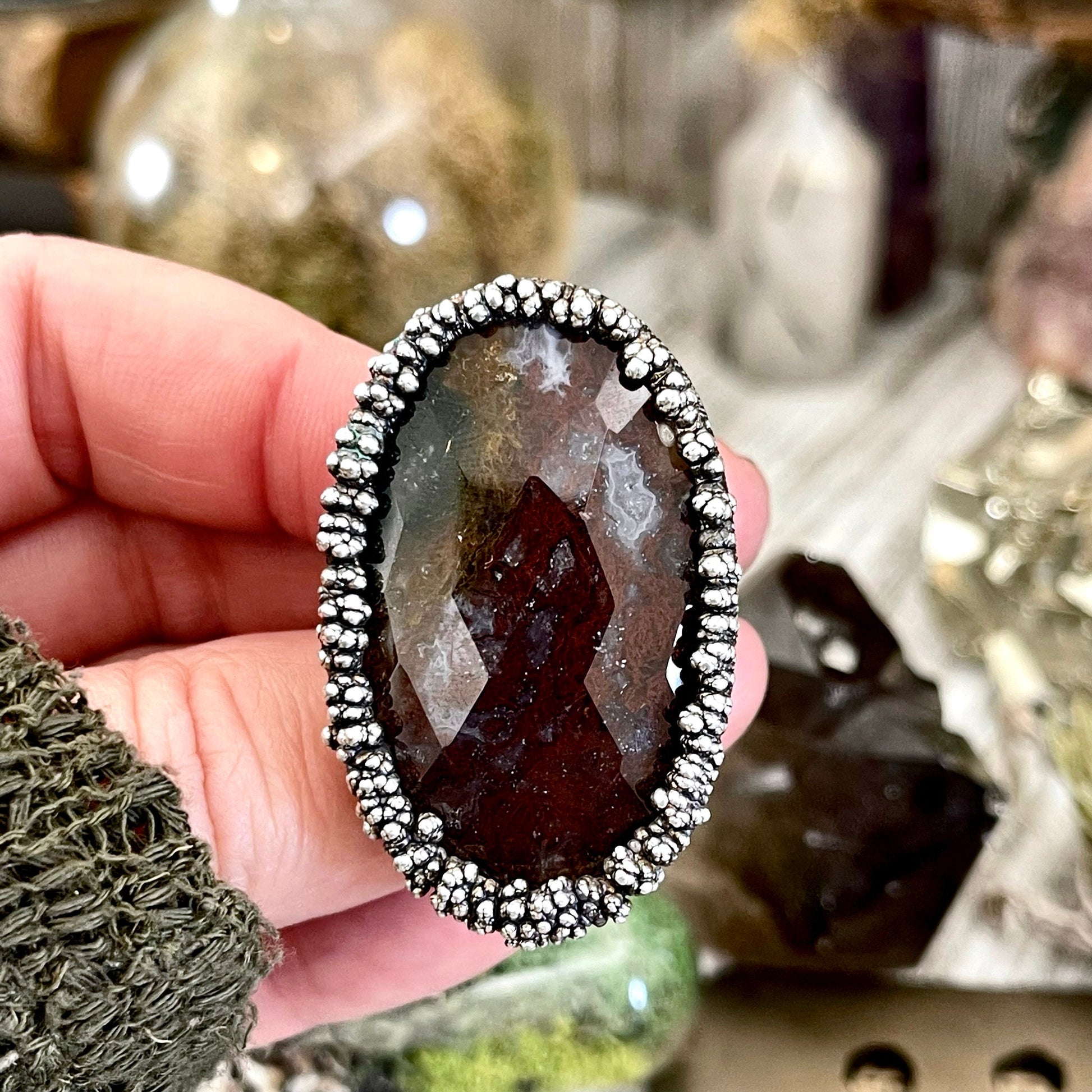 Big Size 8 Silver Natural Fancy Moss Agate Crystal Statement Ring / Foxlark Collection - One of a Kind - Foxlark Crystal Jewelry