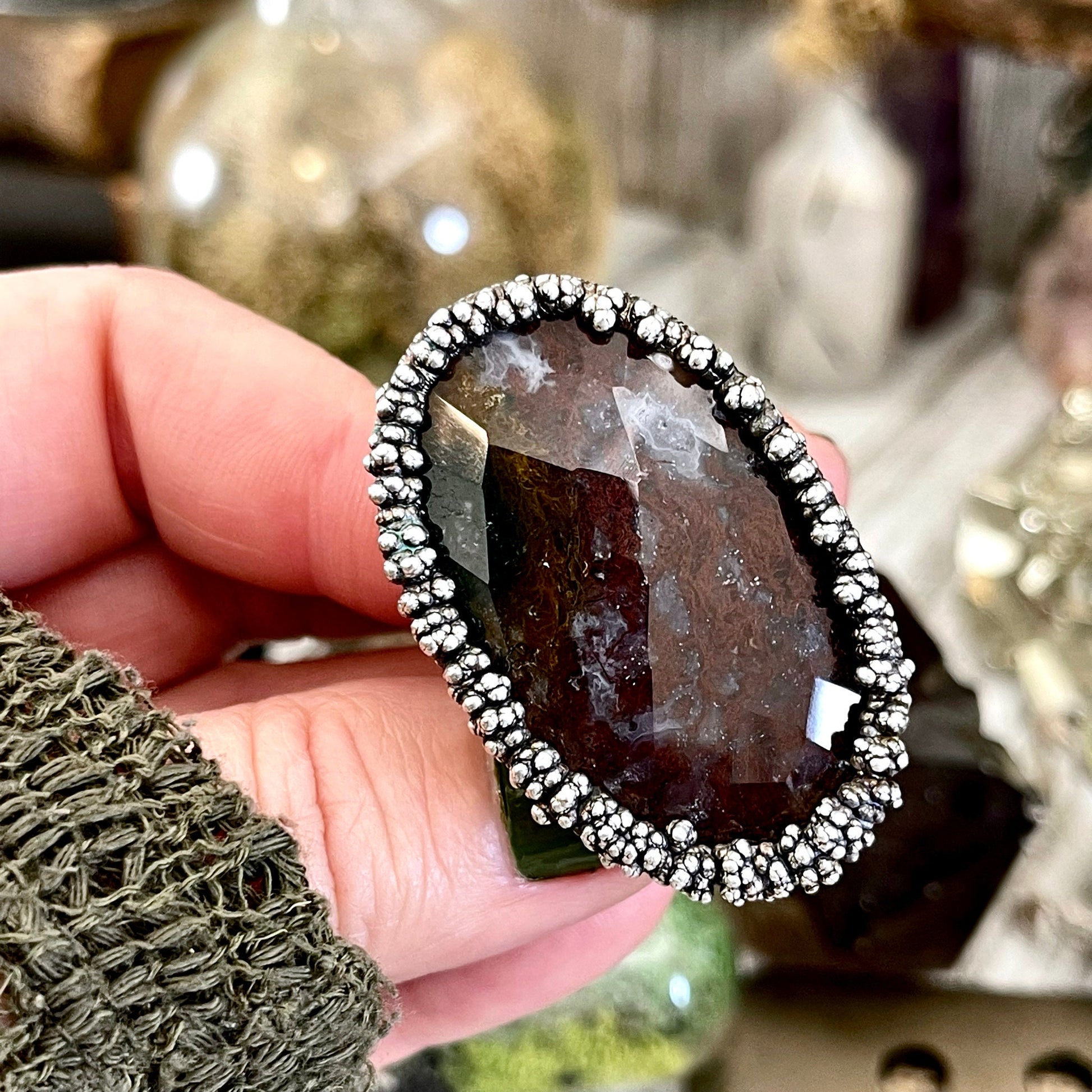 Big Size 8 Silver Natural Fancy Moss Agate Crystal Statement Ring / Foxlark Collection - One of a Kind - Foxlark Crystal Jewelry