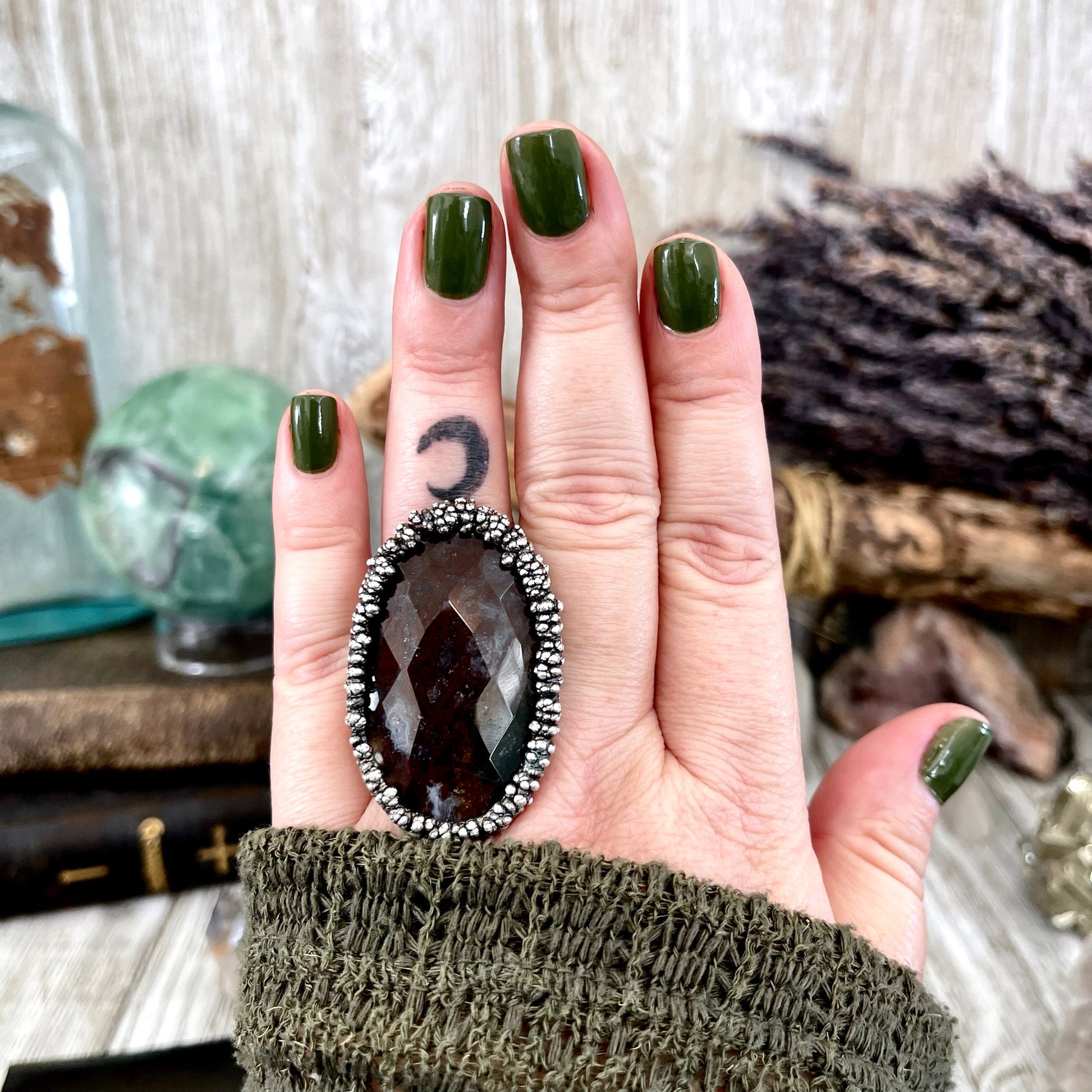 Big Size 8 Silver Natural Fancy Moss Agate Crystal Statement Ring / Foxlark Collection - One of a Kind - Foxlark Crystal Jewelry