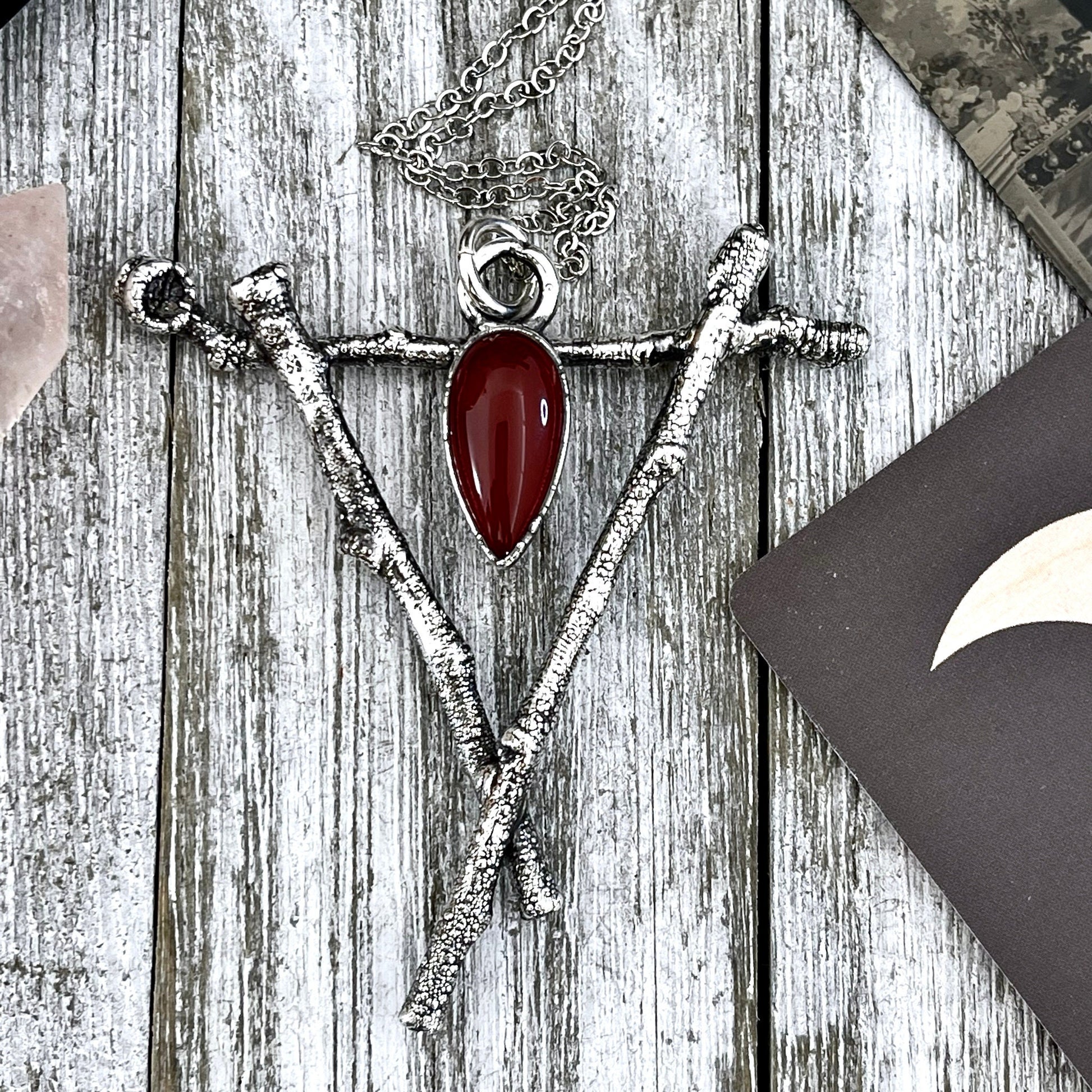 Sticks & Stones Crystal Necklace Pendant Carnelian Necklace / Big Crystal Necklace Silver - Foxlark Crystal Jewelry