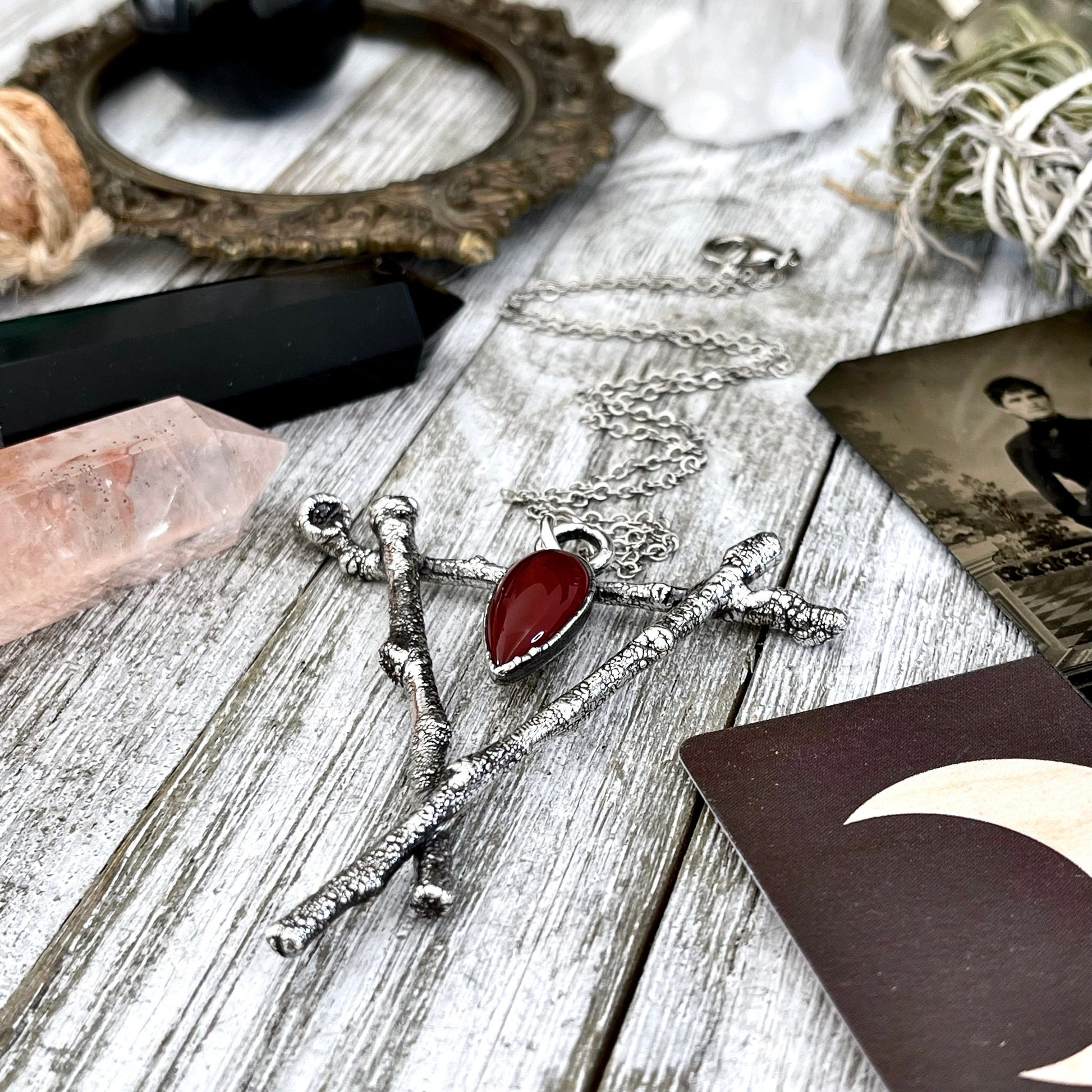Sticks & Stones Crystal Necklace Pendant Carnelian Necklace / Big Crystal Necklace Silver - Foxlark Crystal Jewelry