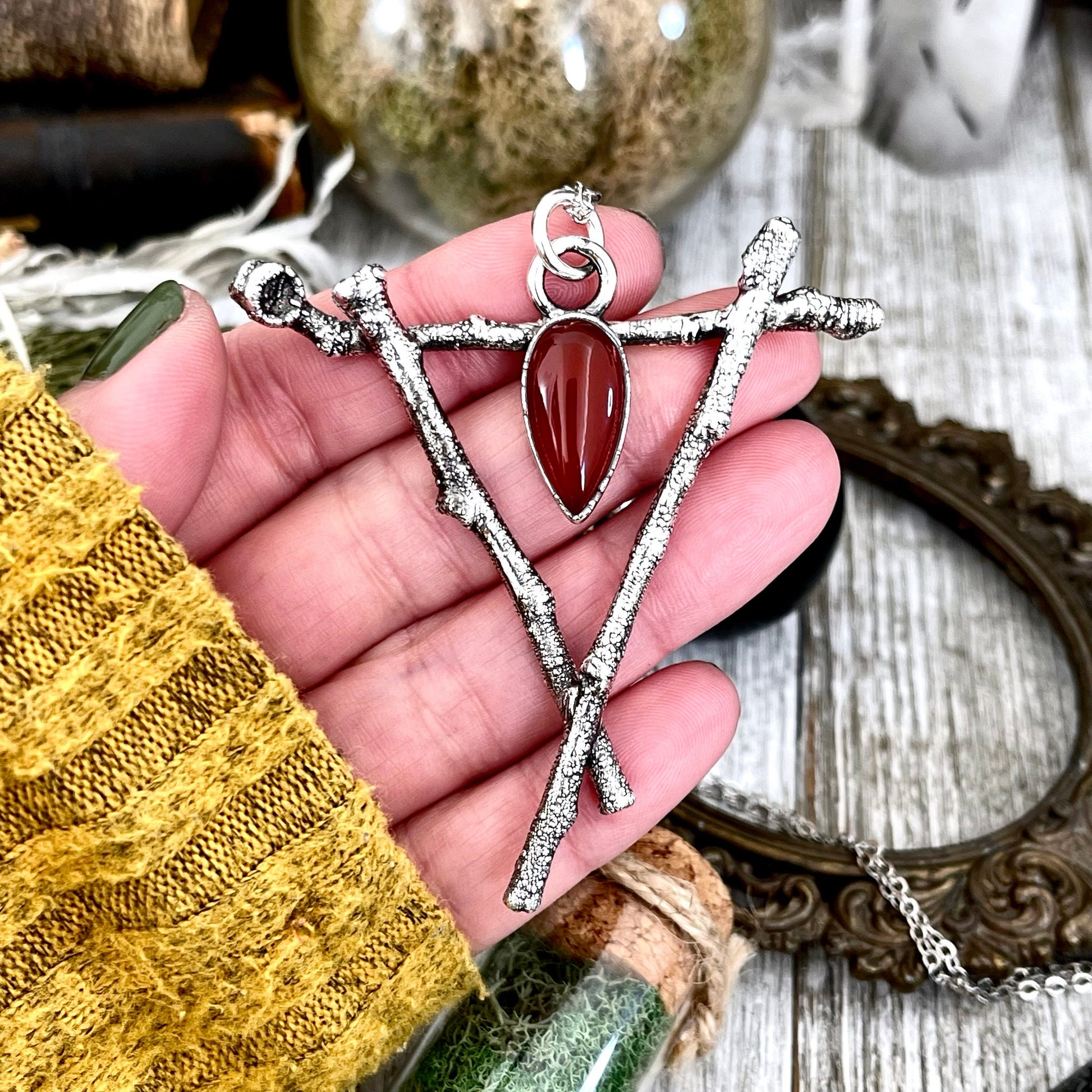 Sticks & Stones Crystal Necklace Pendant Carnelian Necklace / Big Crystal Necklace Silver - Foxlark Crystal Jewelry