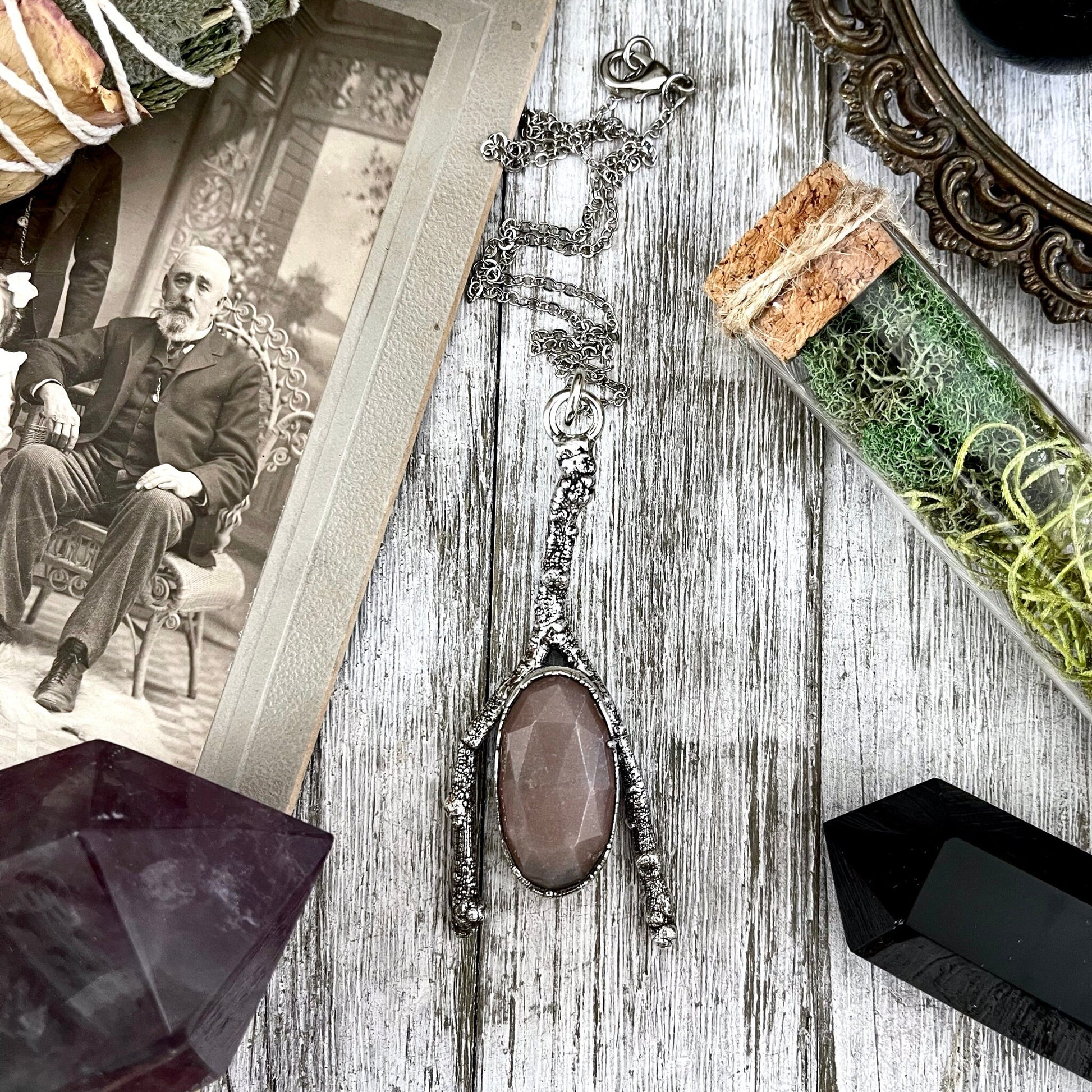 Sticks & Stones Collection Peach Moonstone Necklace / Big Silver Crystal Necklace - Foxlark Crystal Jewelry
