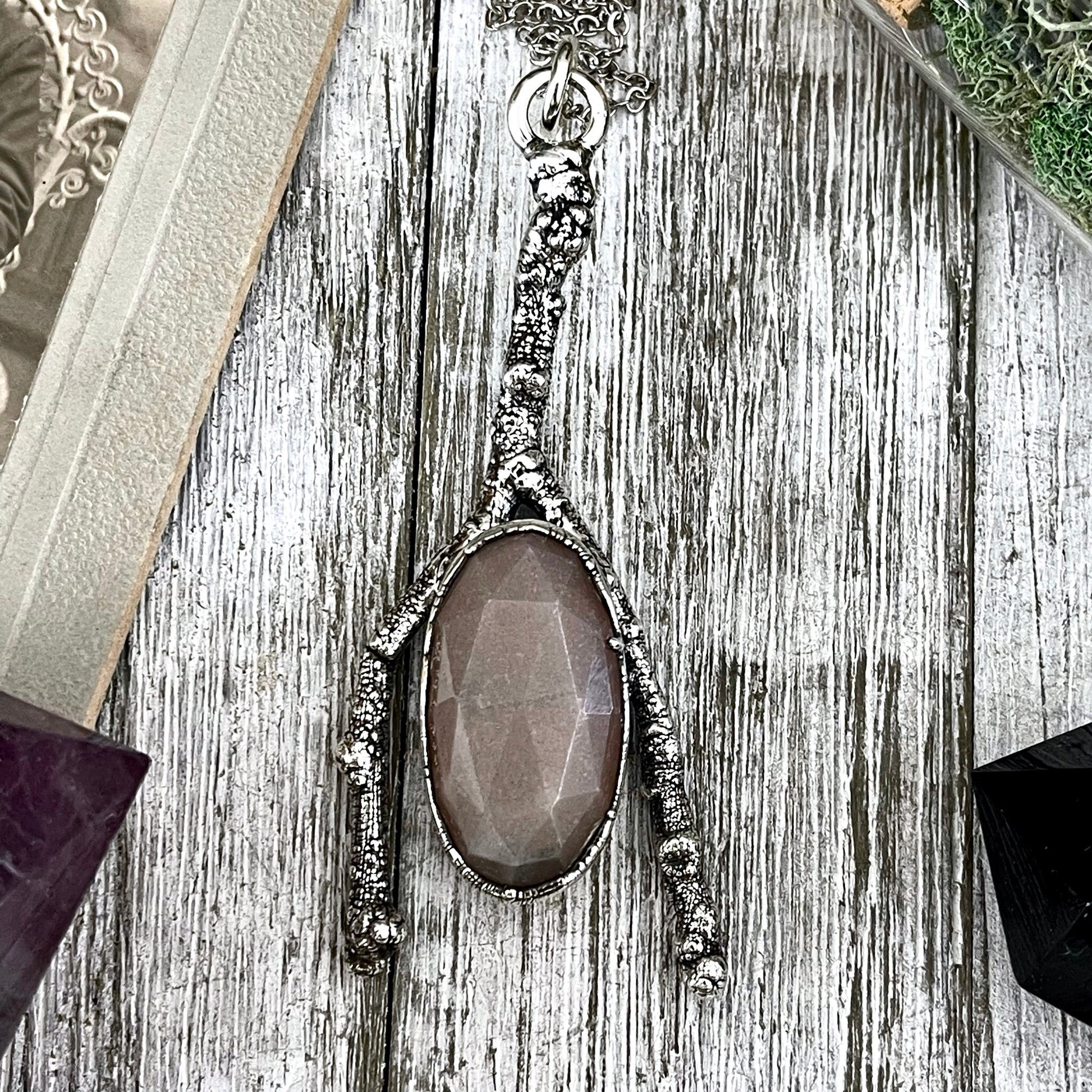 Sticks & Stones Collection Peach Moonstone Necklace / Big Silver Crystal Necklace - Foxlark Crystal Jewelry