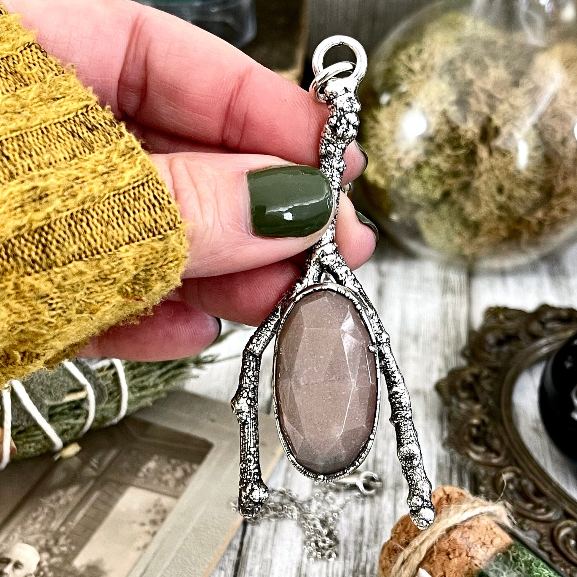 Sticks & Stones Collection Peach Moonstone Necklace / Big Silver Crystal Necklace - Foxlark Crystal Jewelry