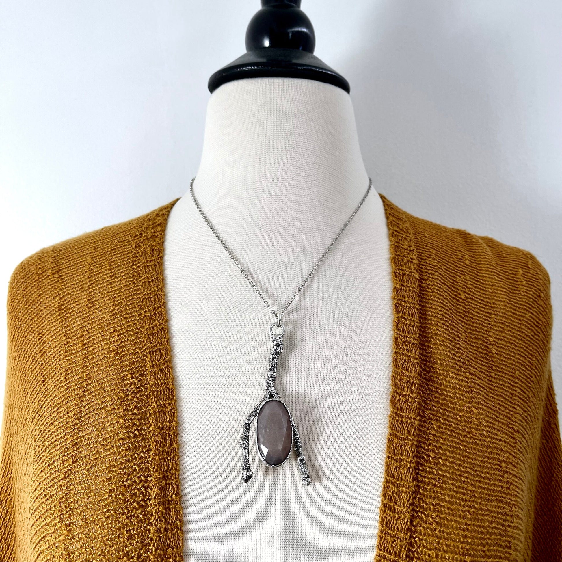 Sticks & Stones Collection Peach Moonstone Necklace / Big Silver Crystal Necklace - Foxlark Crystal Jewelry