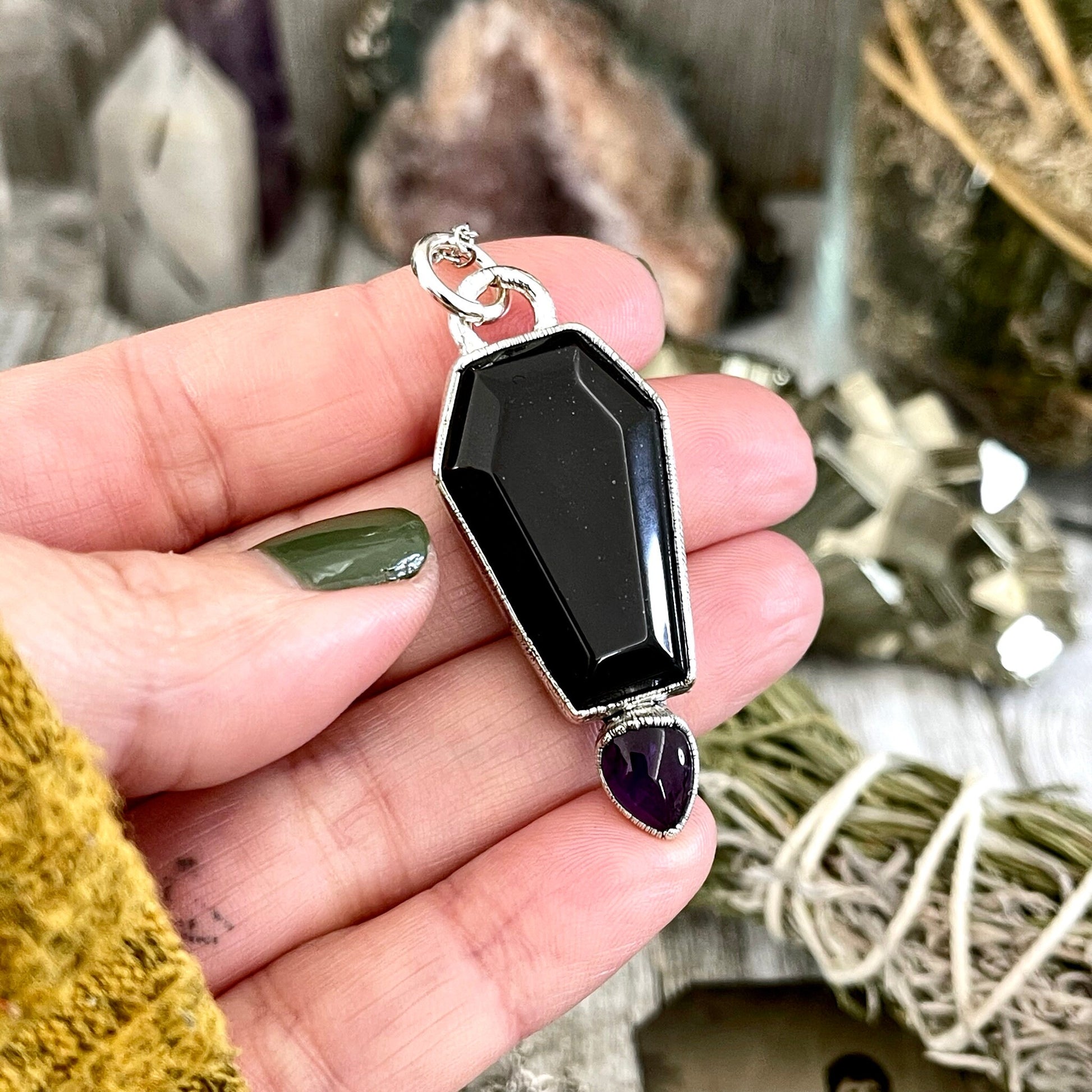 Crystal Coffin Black Onyx and Amethyst Necklace / Gothic Jewelry - Foxlark Crystal Jewelry