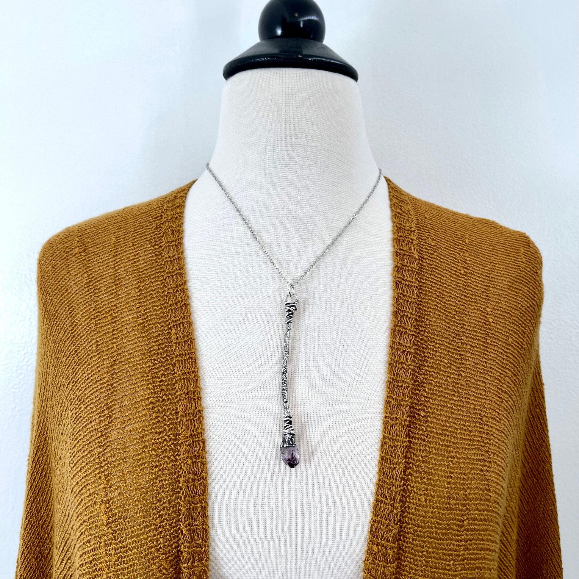 Crystal Wand Necklace Fine Silver Raw Amethyst Necklace / Wizard Witches Wand Necklace Pendant - Foxlark Crystal Jewelry