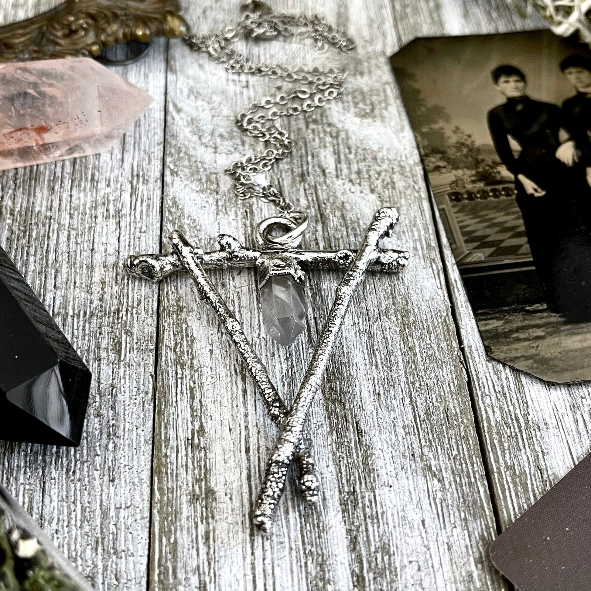 Sticks & Stones Collection- Raw Clear Quartz Crystal Necklace in Fine Silver / - Foxlark Crystal Jewelry