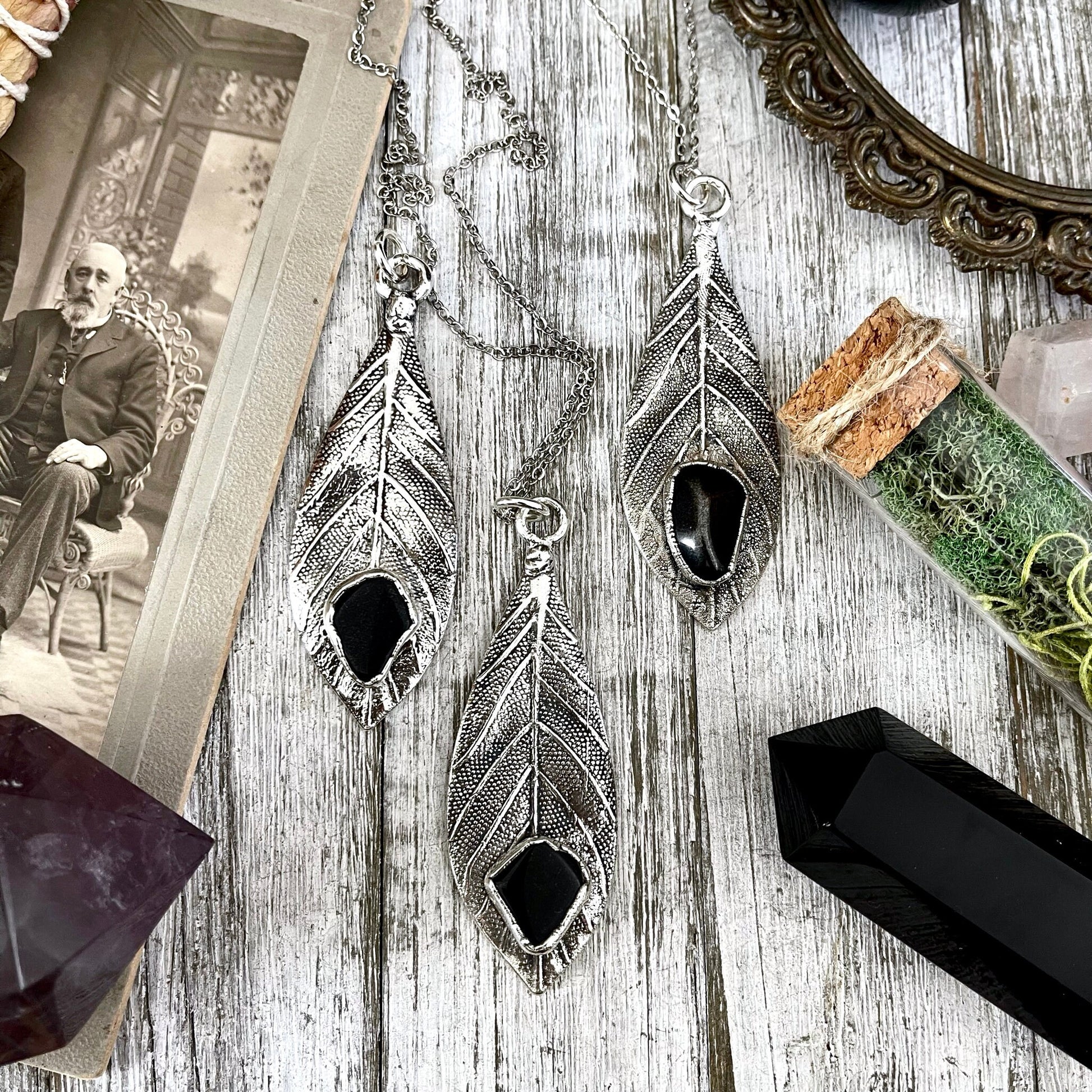 Black Onyx Leaf Necklace in Silver / Natural Wood & Stone Necklace Pendant - Foxlark Crystal Jewelry