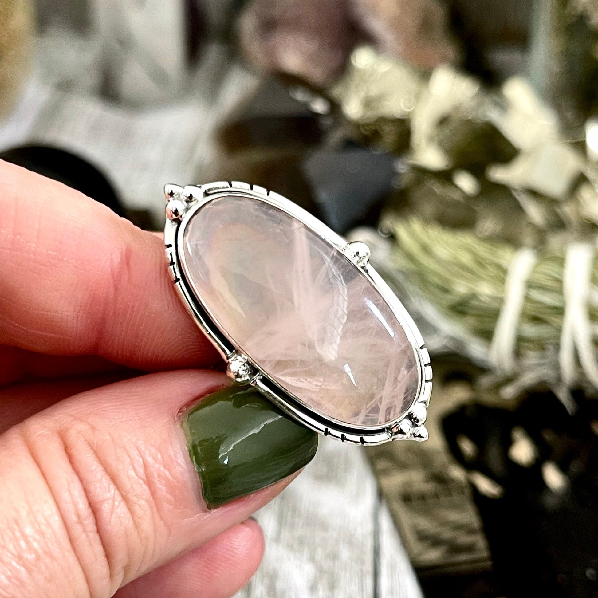 Rose Quartz Oval Crystal Statement Ring in Sterling Silver - Designed by FOXLARK Collection Adjustable to Size 6 7 8 9 | Pink Stone - Foxlark Crystal Jewelry