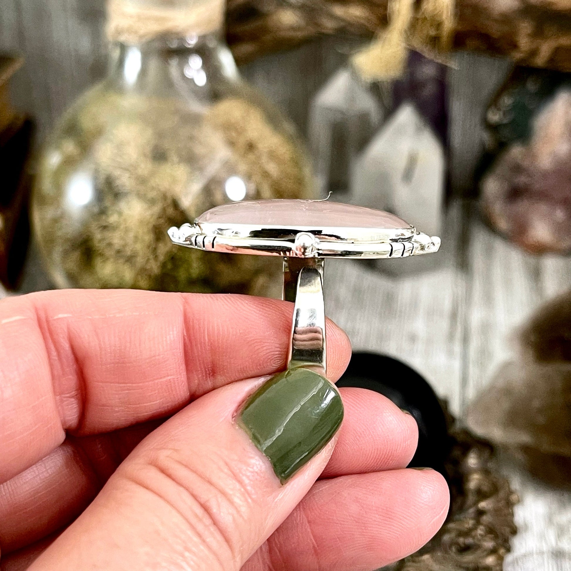 Rose Quartz Oval Crystal Statement Ring in Sterling Silver - Designed by FOXLARK Collection Adjustable to Size 6 7 8 9 | Pink Stone - Foxlark Crystal Jewelry