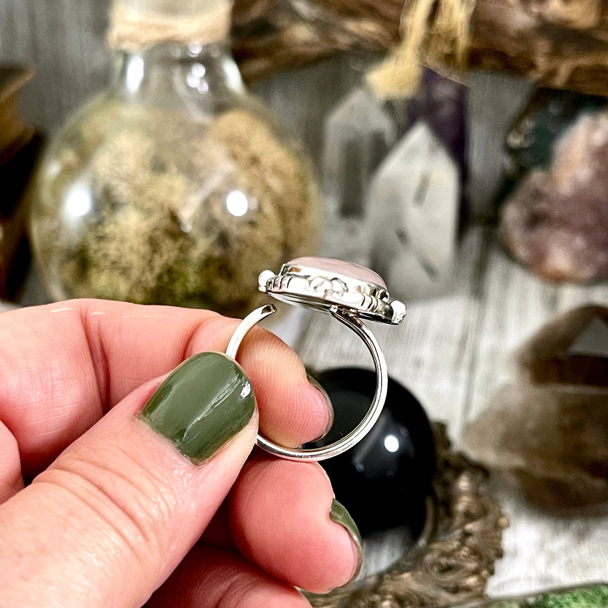 Rose Quartz Oval Crystal Statement Ring in Sterling Silver - Designed by FOXLARK Collection Adjustable to Size 6 7 8 9 | Pink Stone - Foxlark Crystal Jewelry