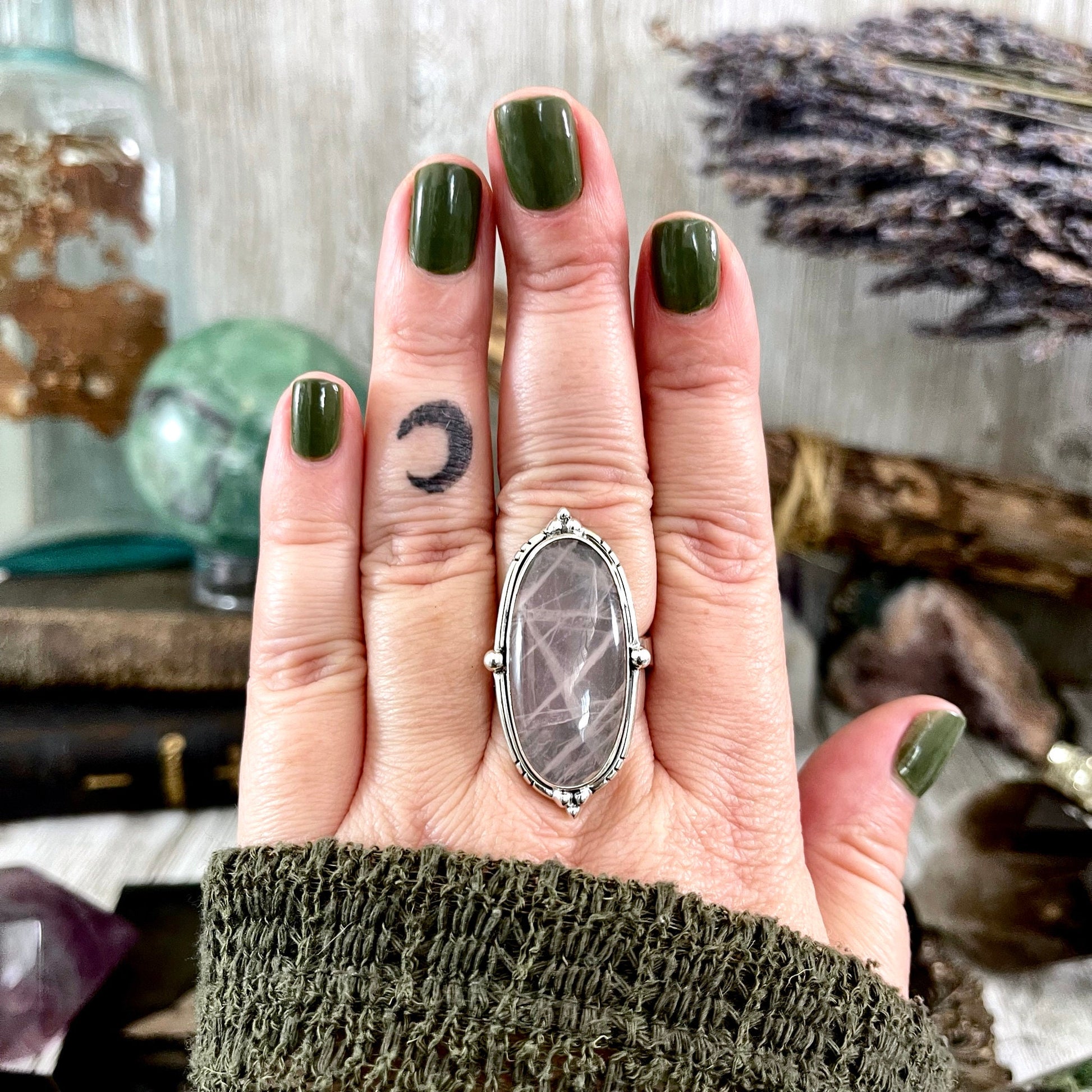 Rose Quartz Oval Crystal Statement Ring in Sterling Silver - Designed by FOXLARK Collection Adjustable to Size 6 7 8 9 | Pink Stone - Foxlark Crystal Jewelry