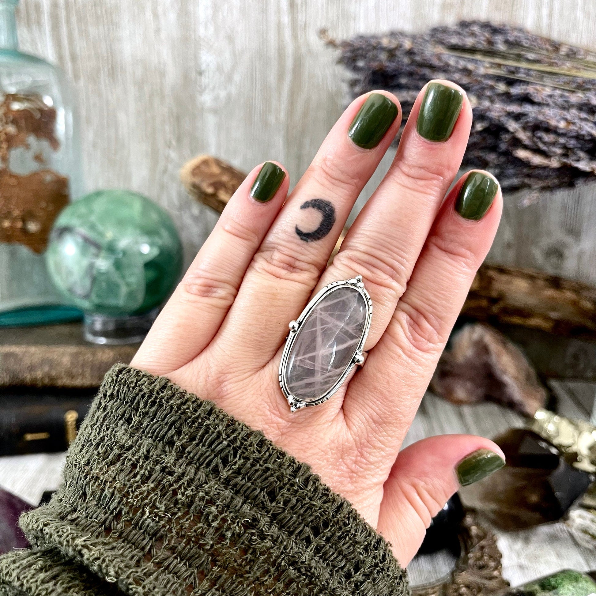 Rose Quartz Oval Crystal Statement Ring in Sterling Silver - Designed by FOXLARK Collection Adjustable to Size 6 7 8 9 | Pink Stone - Foxlark Crystal Jewelry