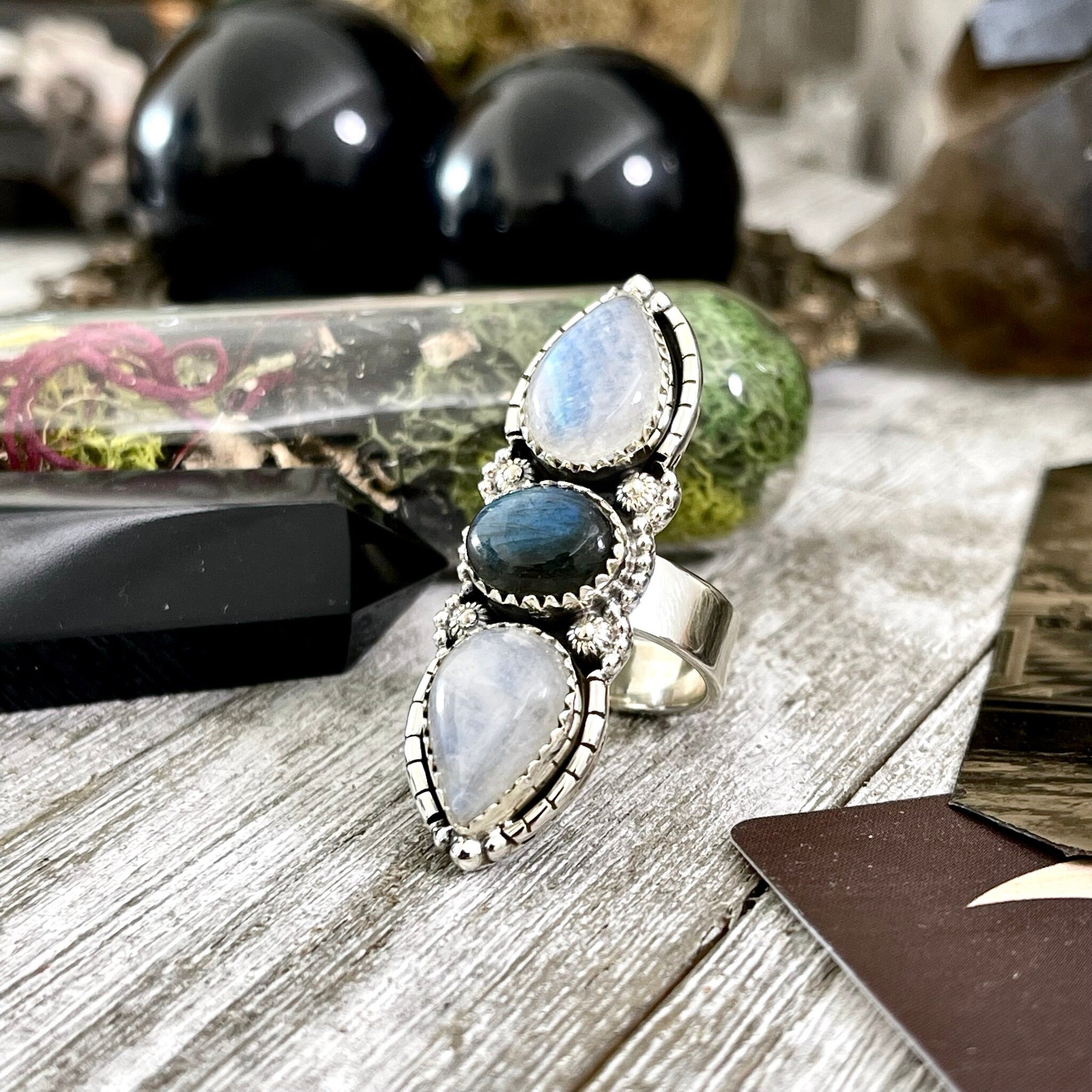 Three Stone Rainbow Moonstone and Labradorite Crystal Ring in Sterling Silver- Designed by FOXLARK Collection Adjustable to Size 6 7 8 9 - Foxlark Crystal Jewelry