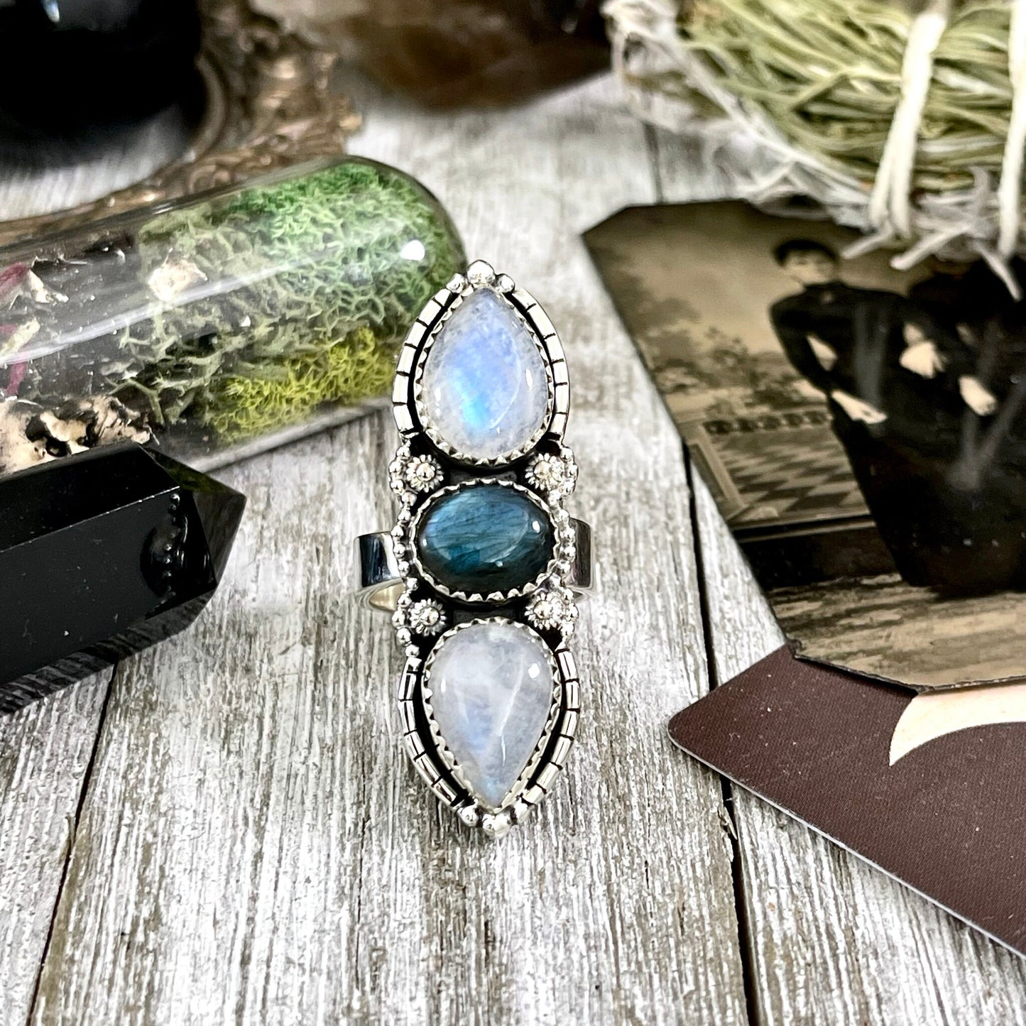 Three Stone Rainbow Moonstone and Labradorite Crystal Ring in Sterling Silver- Designed by FOXLARK Collection Adjustable to Size 6 7 8 9 - Foxlark Crystal Jewelry