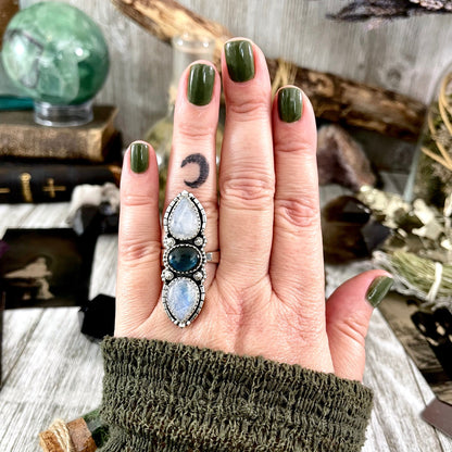3 Stone Ring, Adjustable Ring, Big Crystal Ring, Big Stone Ring, Bohemian Ring, Boho Jewelry, Boho Ring, Etsy ID: 1592379350, Festival Jewelry, Foxlark- Rings, Gift For Woman, Jewelry, Labradorite Ring, Rainbow Moonstone, Rings, Statement Rings, Three Sto