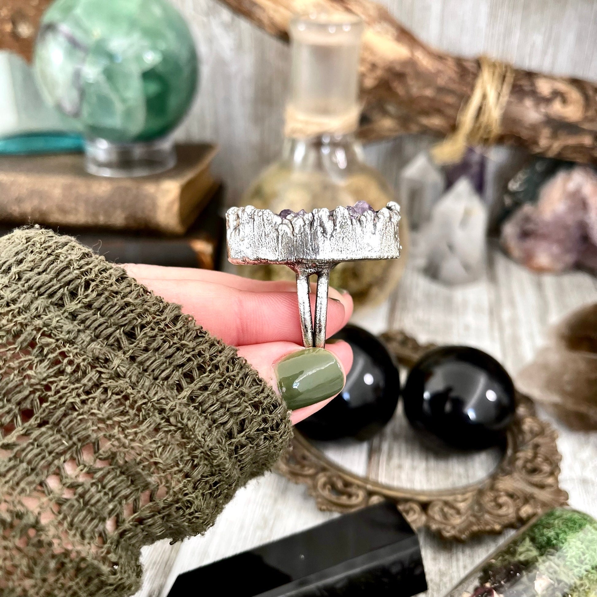 Size 7 Big Raw Amethyst Purple Crystal Ring in Fine Silver / Foxlark Collection - One of a Kind - Foxlark Crystal Jewelry
