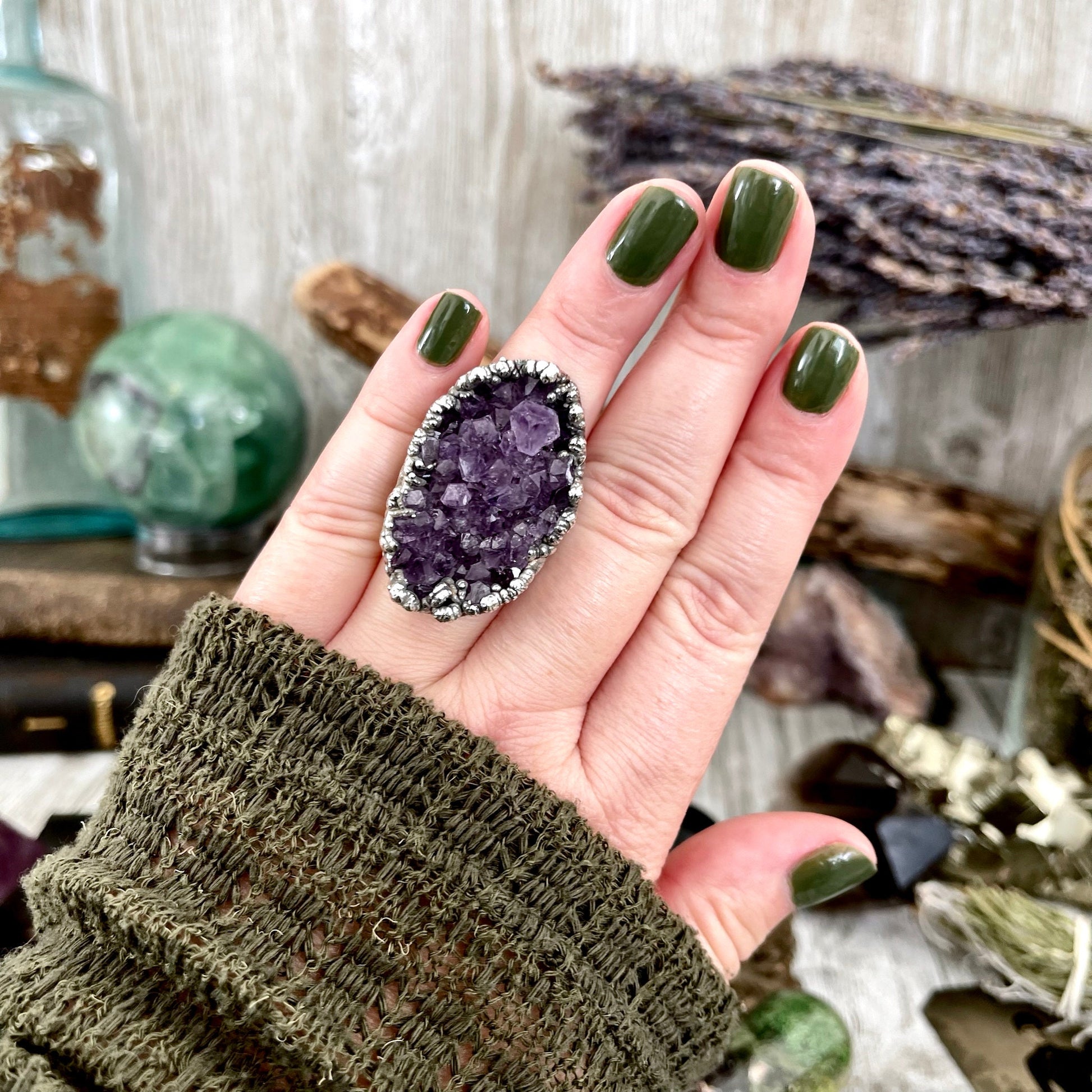 Size 7 Big Raw Amethyst Purple Crystal Ring in Fine Silver / Foxlark Collection - One of a Kind - Foxlark Crystal Jewelry