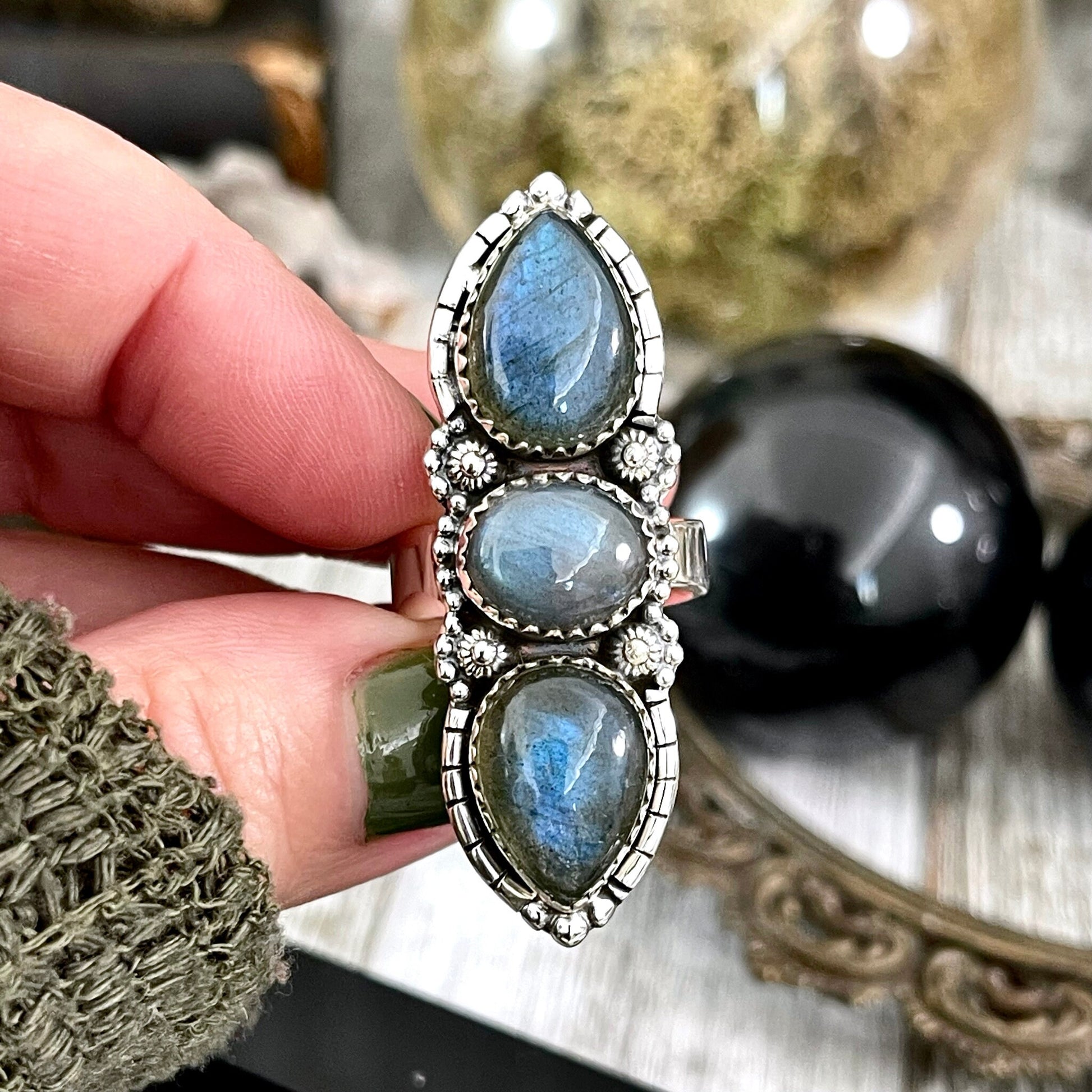 Three Stone Labradorite Ring in Sterling Silver /Designed by FOXLARK Collection Adjustable to Size 6 7 8 9 - Foxlark Crystal Jewelry