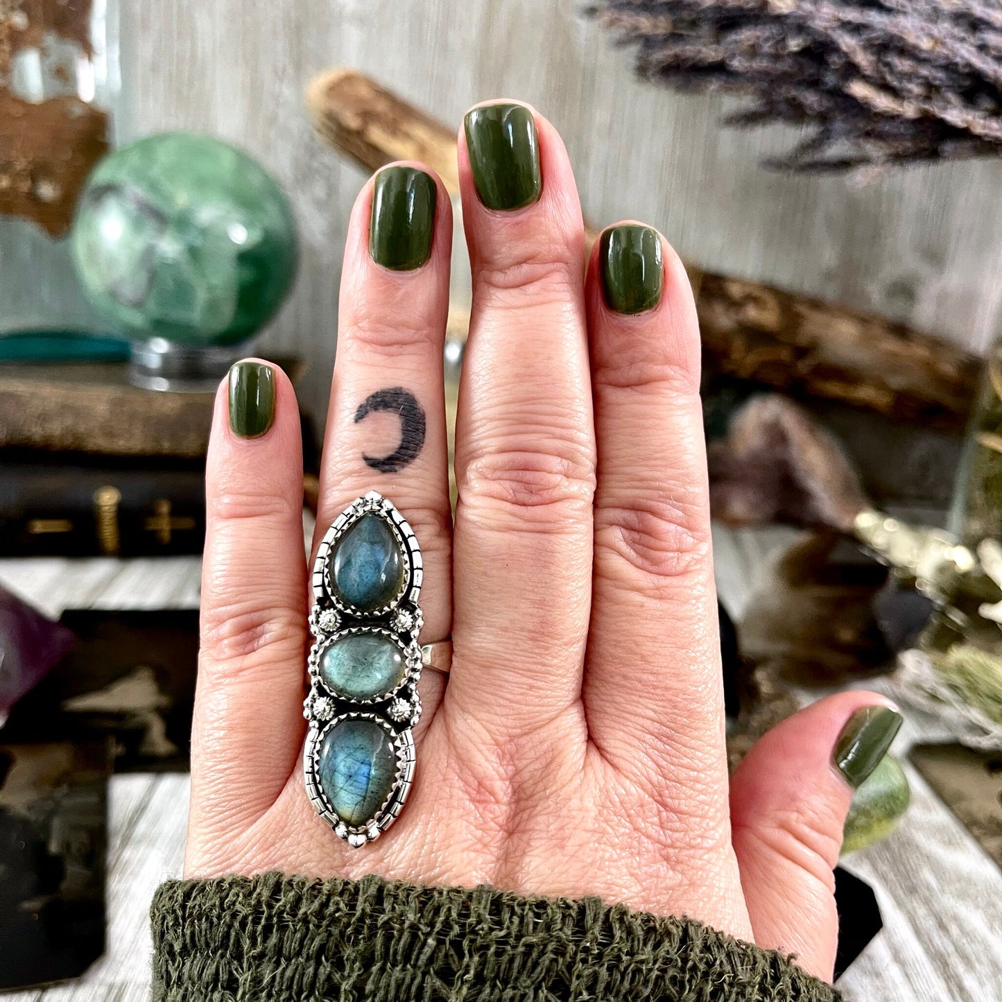 Three Stone Labradorite Ring in Sterling Silver /Designed by FOXLARK Collection Adjustable to Size 6 7 8 9 - Foxlark Crystal Jewelry