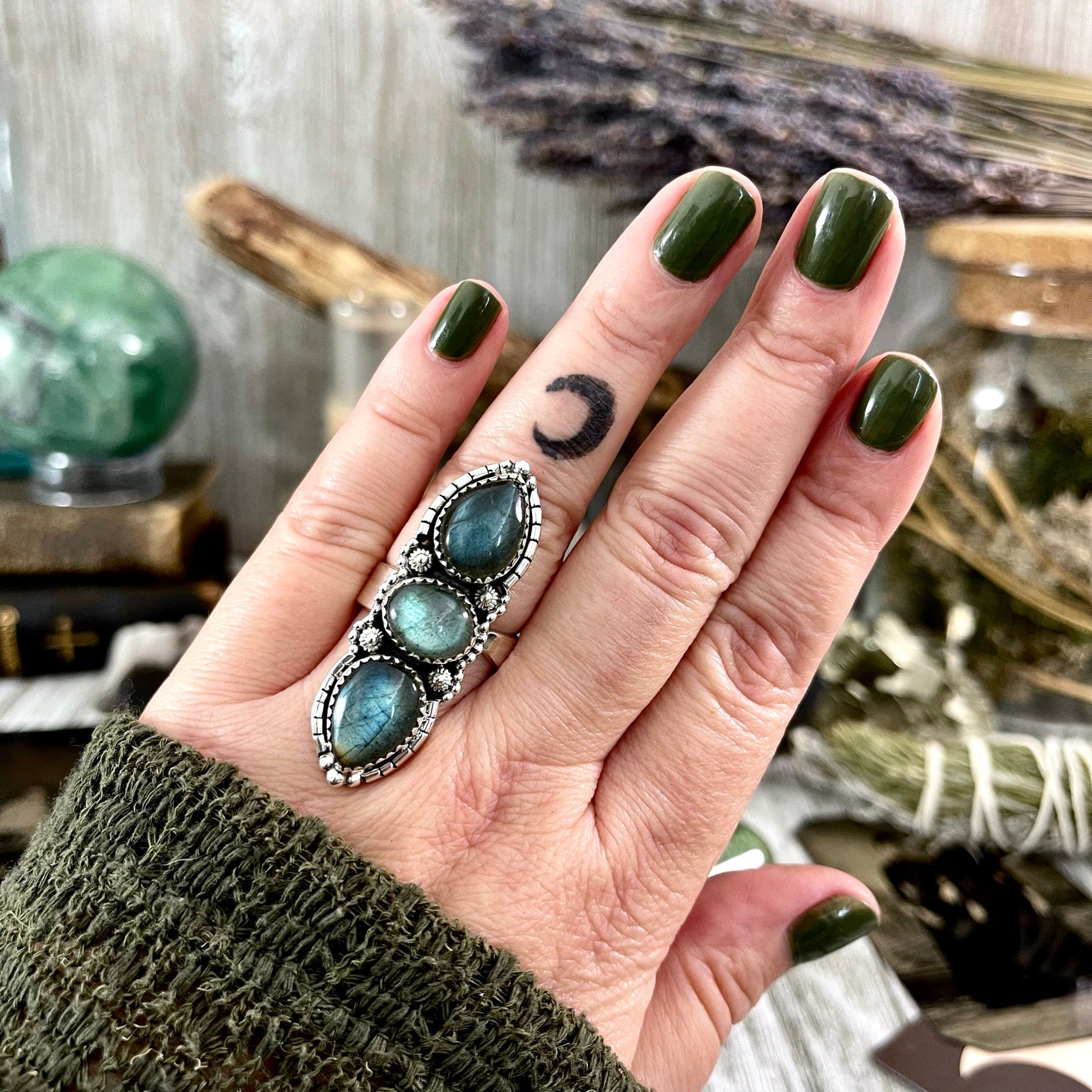 Three Stone Labradorite Ring in Sterling Silver /Designed by FOXLARK Collection Adjustable to Size 6 7 8 9 - Foxlark Crystal Jewelry
