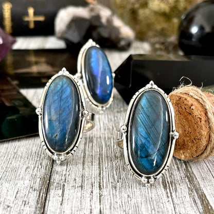Labradorite Oval Crystal Statement Ring in Sterling Silver - Designed by FOXLARK Collection Adjustable to Size 6 7 8 9 | Blue Stone.