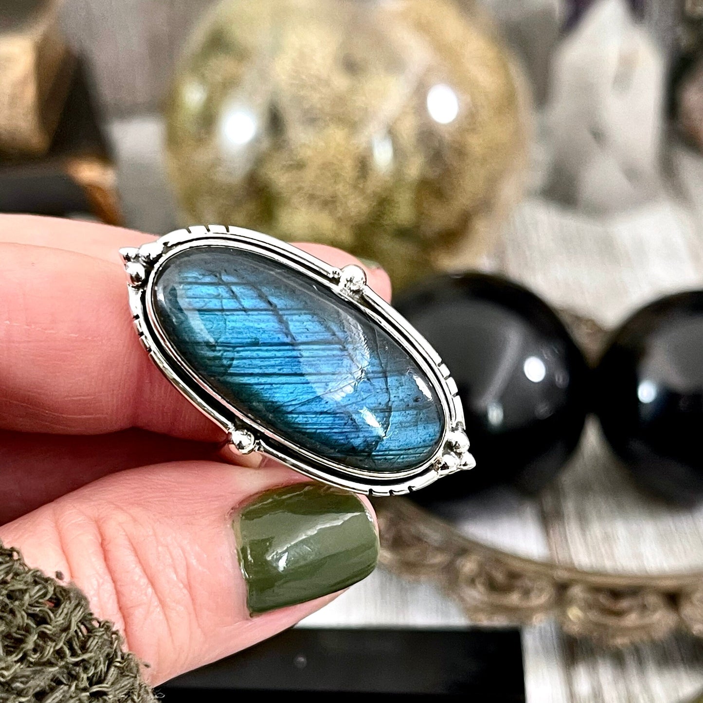 Labradorite Oval Crystal Statement Ring in Sterling Silver - Designed by FOXLARK Collection Adjustable to Size 6 7 8 9 | Blue Stone.