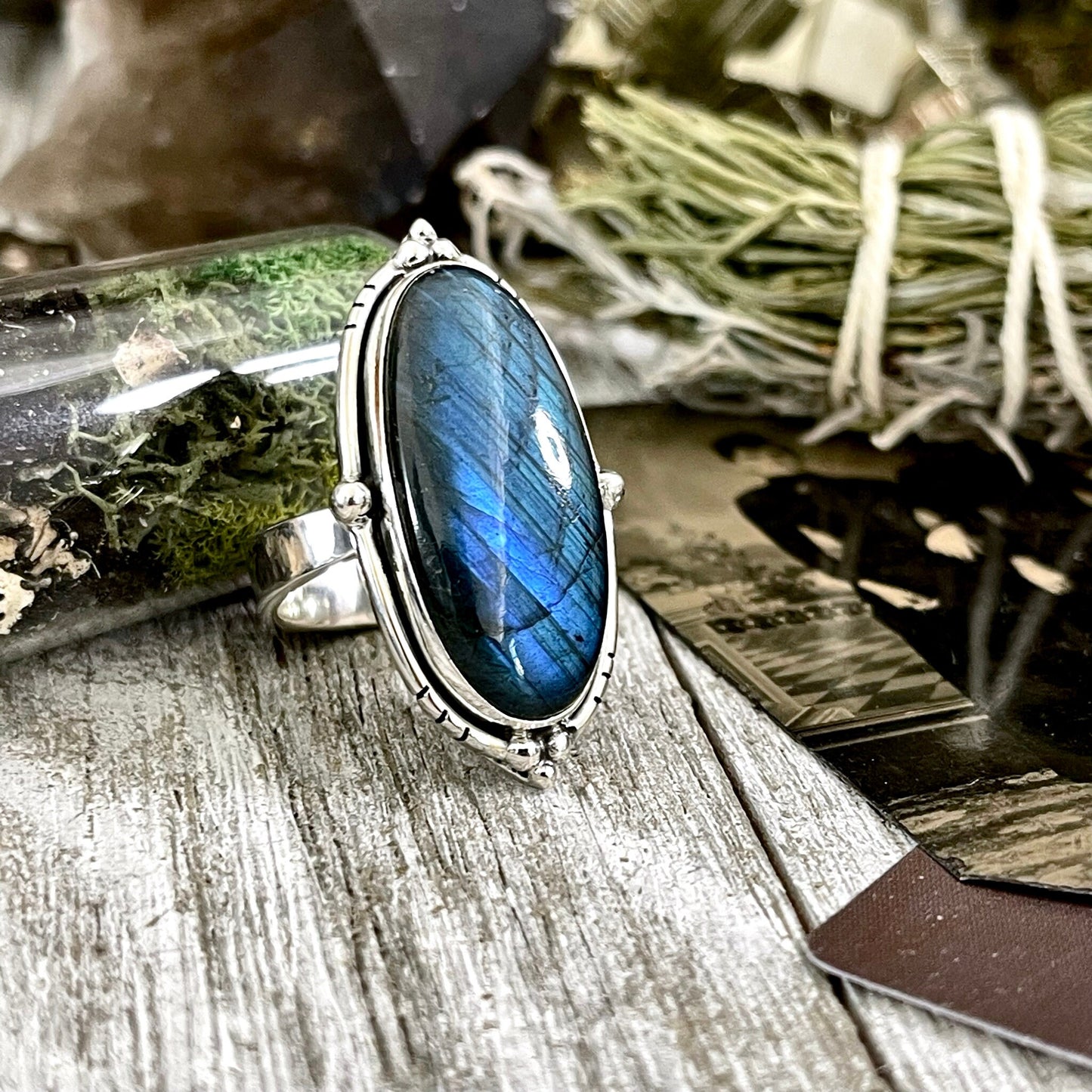 Labradorite Oval Crystal Statement Ring in Sterling Silver - Designed by FOXLARK Collection Adjustable to Size 6 7 8 9 | Blue Stone.