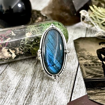 Labradorite Oval Crystal Statement Ring in Sterling Silver - Designed by FOXLARK Collection Adjustable to Size 6 7 8 9 | Blue Stone.