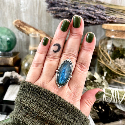 Labradorite Oval Crystal Statement Ring in Sterling Silver - Designed by FOXLARK Collection Adjustable to Size 6 7 8 9 | Blue Stone.