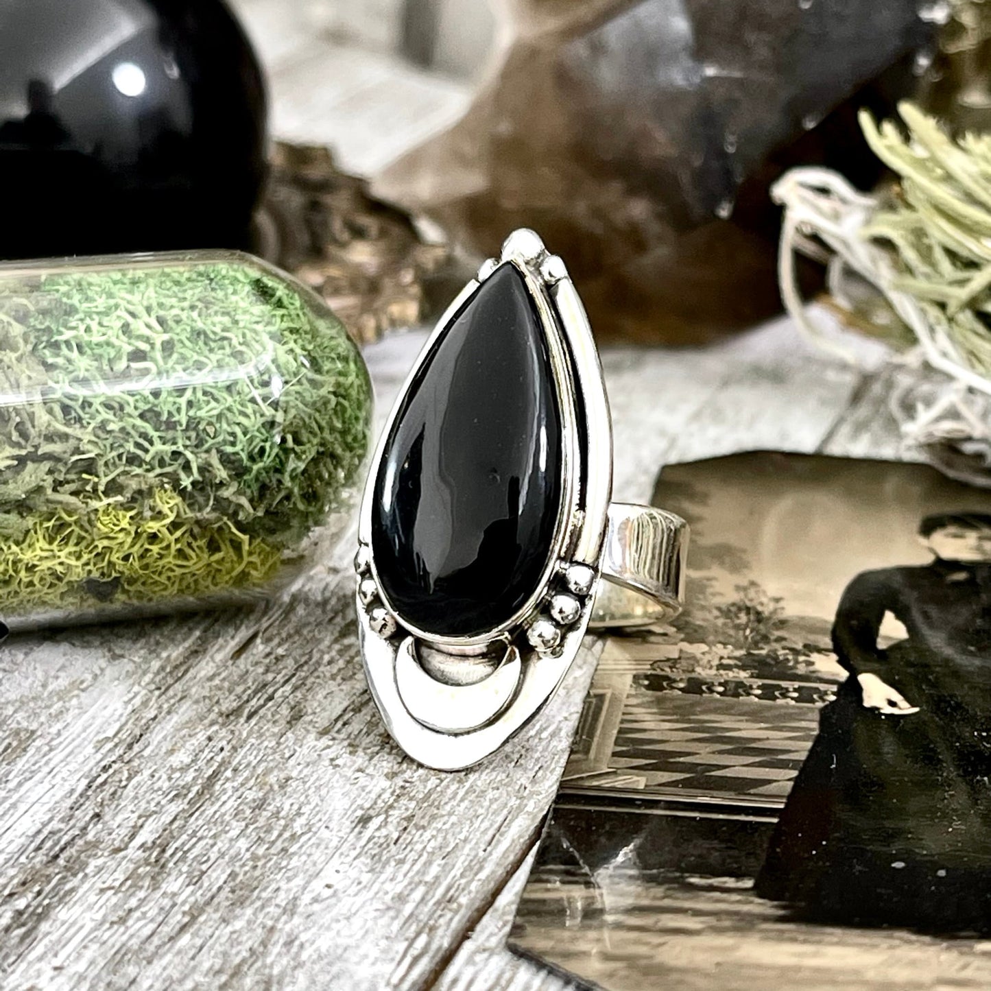 Black Obsidian Crystal Ring in Sterling Silver, Midnight Moon Ring / Designed by FOXLARK Adjustable to Size 6 7 8 9 Gemstone Jewelry Goth Ring.