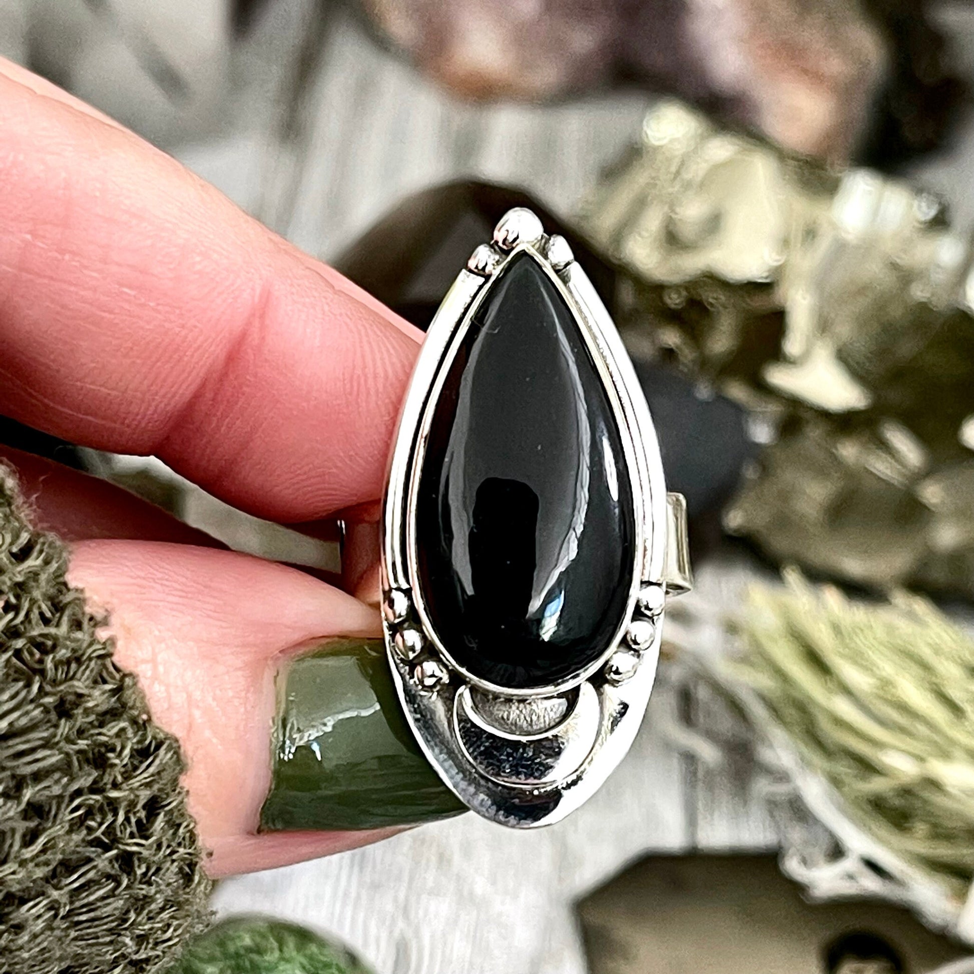 Midnight Moon Black Obsidian Teardrop Crystal Ring in Sterling Silver- Designed by FOXLARK Collection Adjustable to Size 6 7 8 9